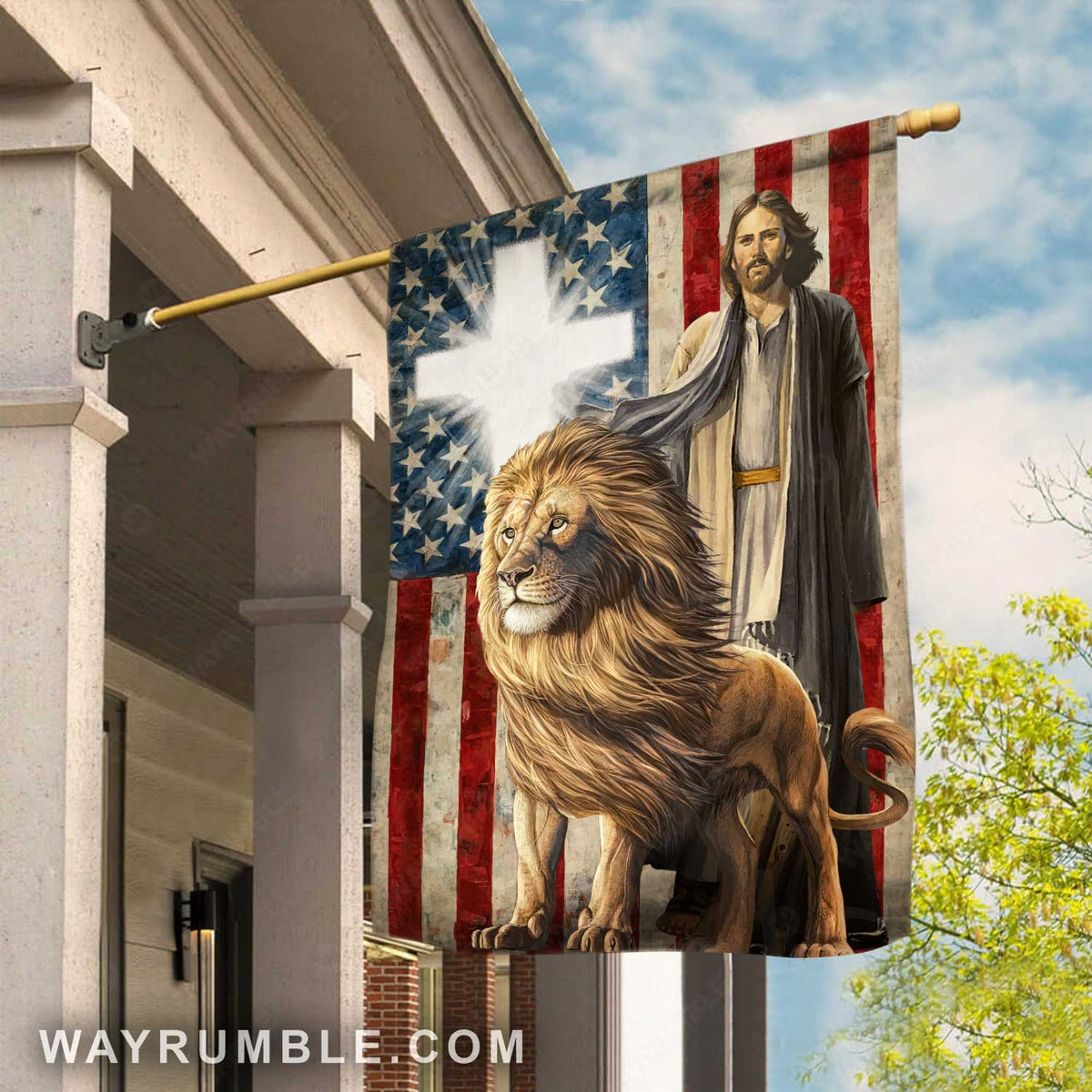 Lion of Judah, Walking with Jesus, Light cross, US flag background - Jesus Flag