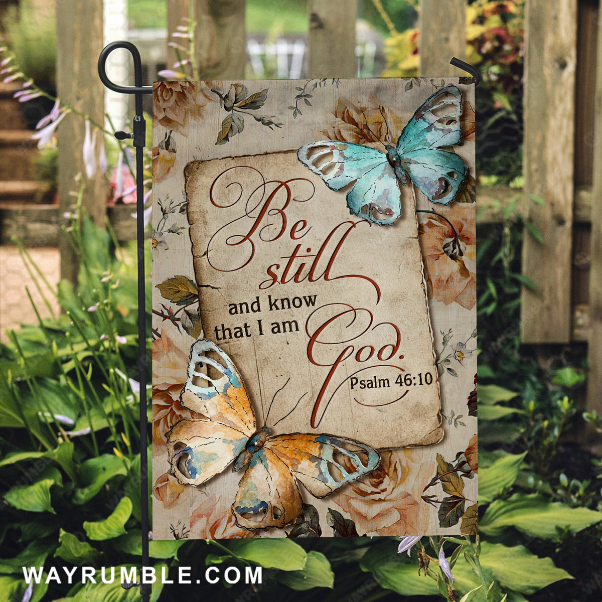 Antique butterfly, Vintage letter, Be still and know that I am God - Jesus Flag