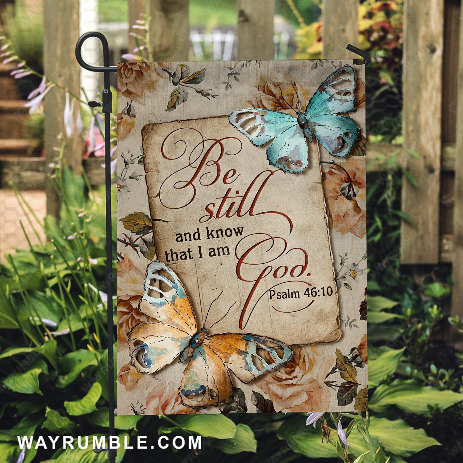 Antique butterfly, Vintage letter, Be still and know that I am God - Jesus Flag