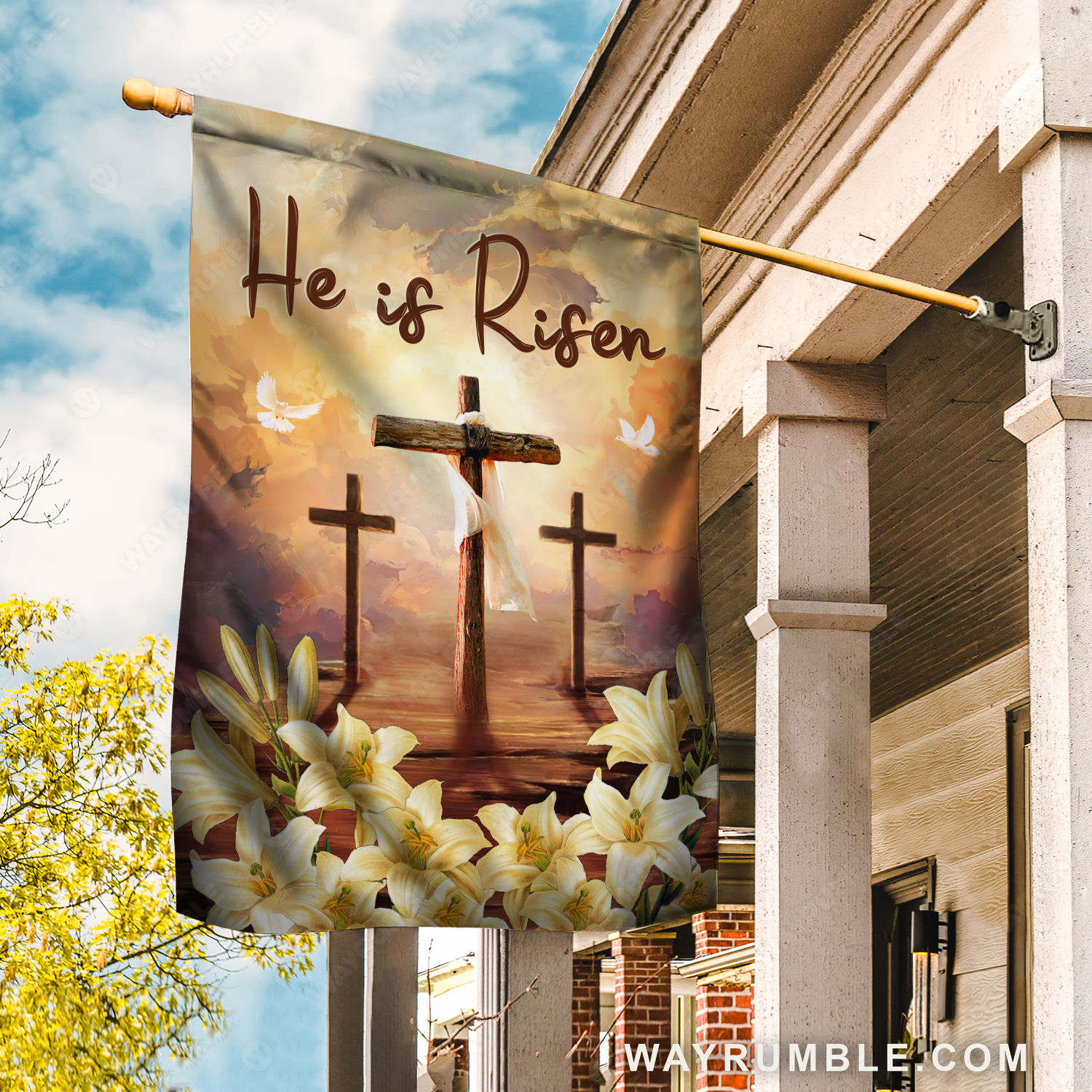 Cross drawing, Lily flower garden, White dove, He is risen - Jesus Flag