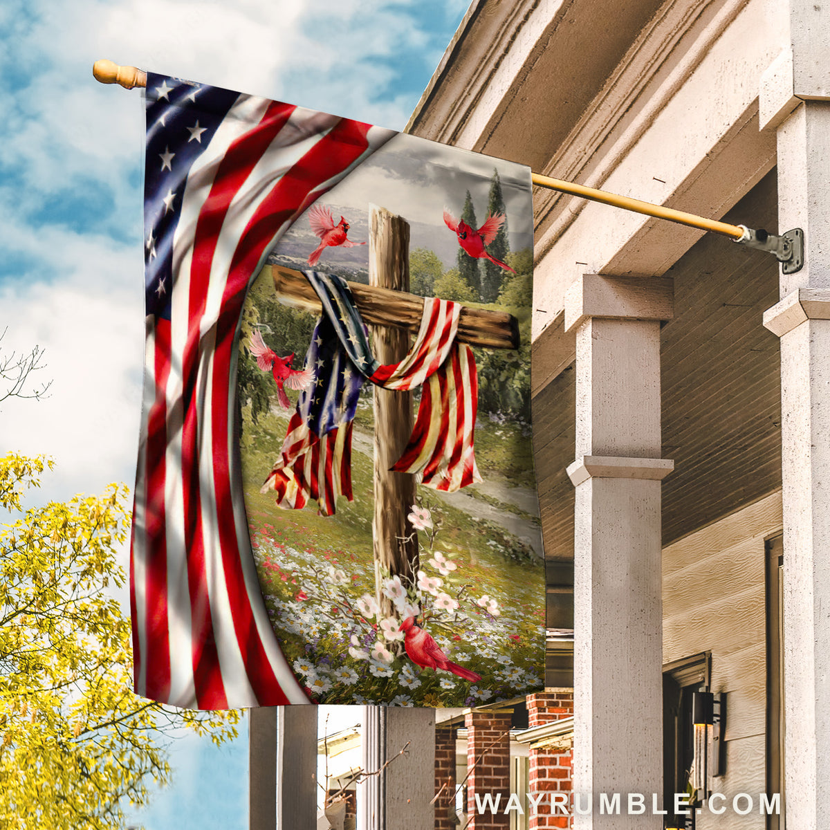 Old cross, Pretty cardinal, US flag painting, Beautiful flower field - Jesus Flag