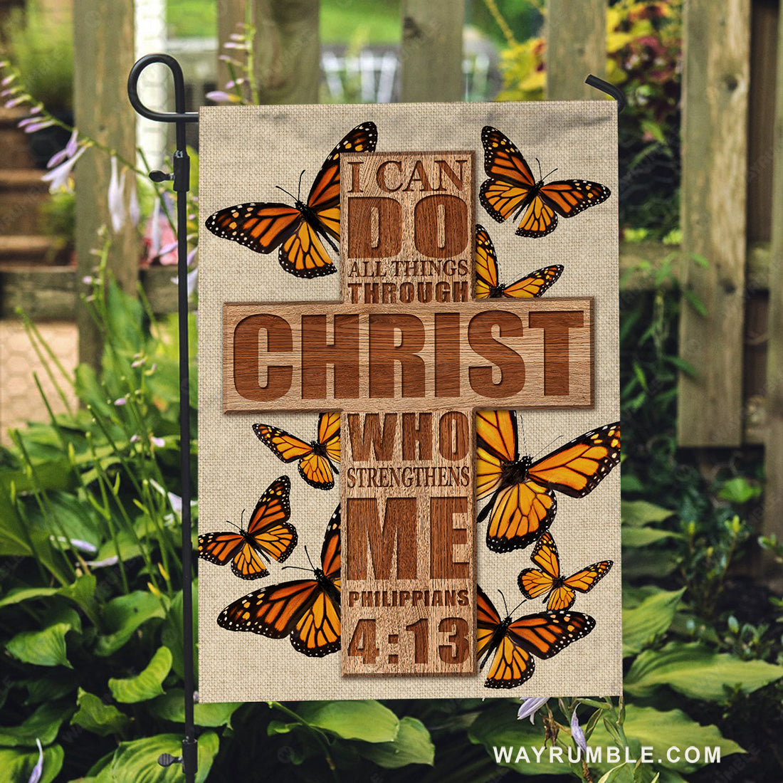 Beautiful cross, Orange butterfly, I can do all things through Christ who strengthens me - Jesus Flag