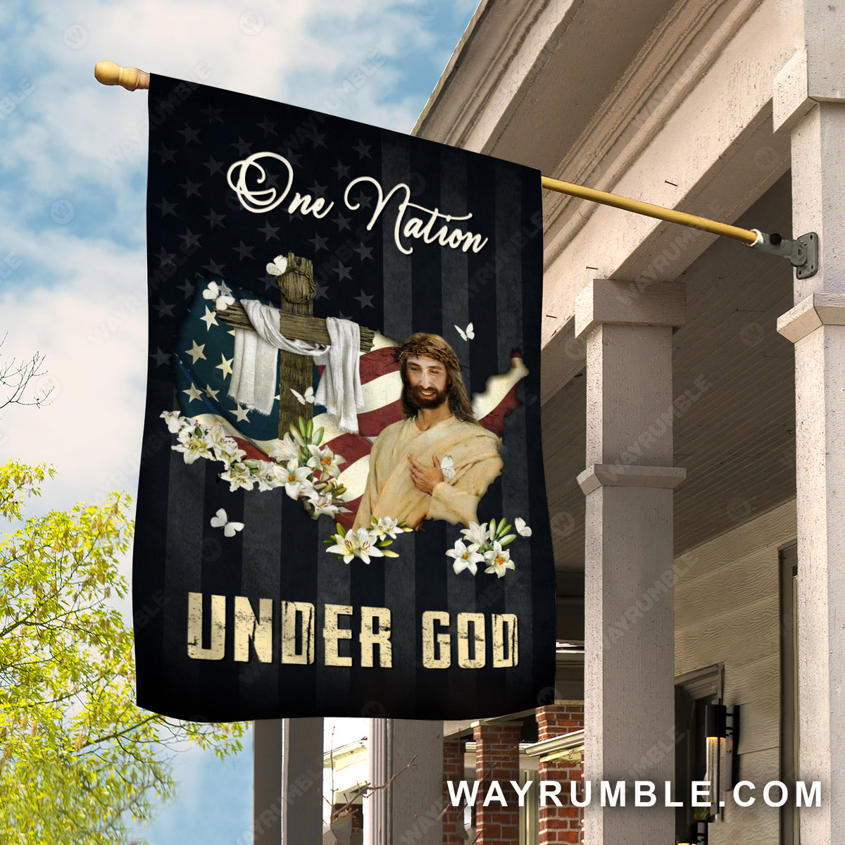 Lily flower garden, The face of Jesus, Wooden cross, One nation under God - Jesus Flag