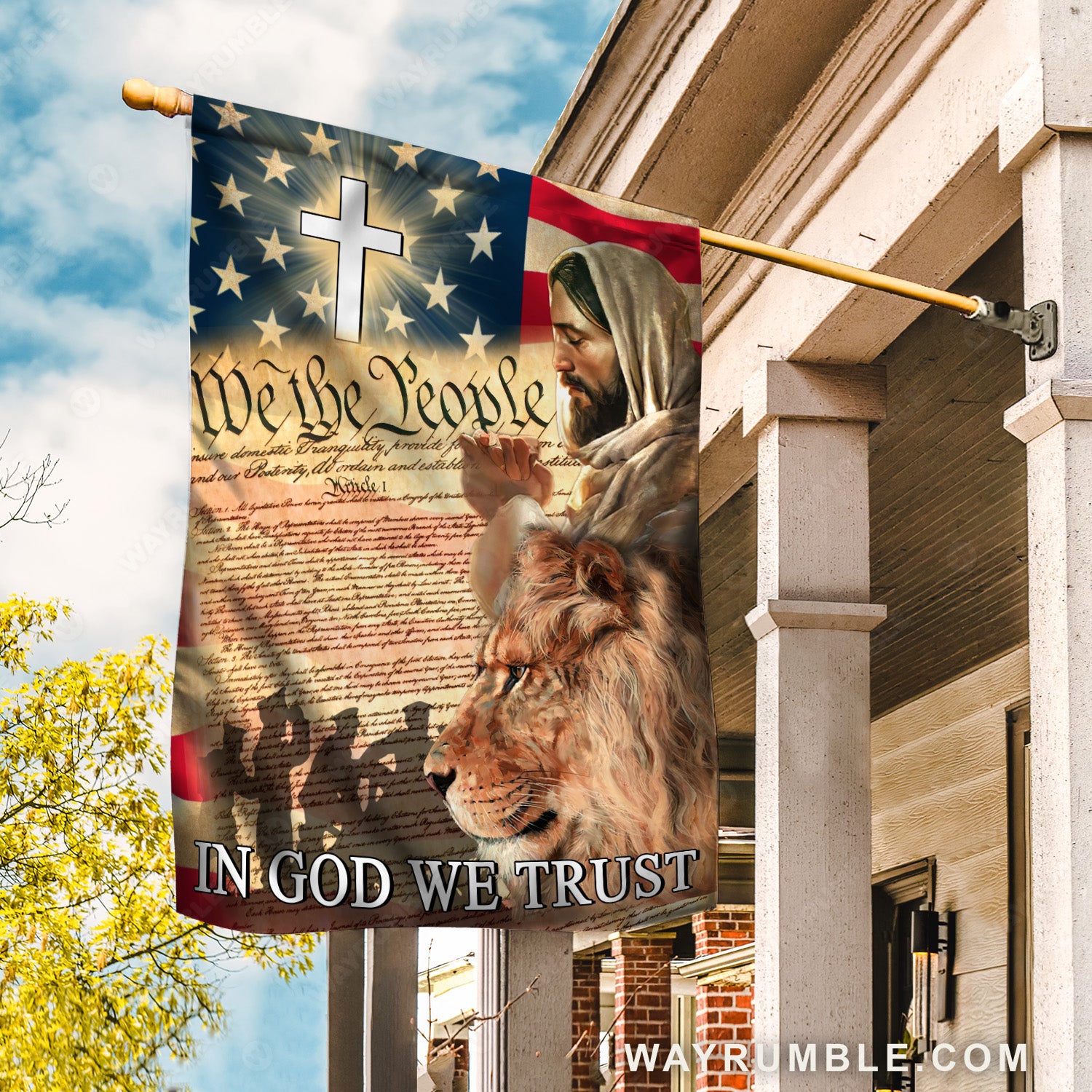 Lion of Judah, Pray with Jesus, White cross, In God we trust - Jesus Flag