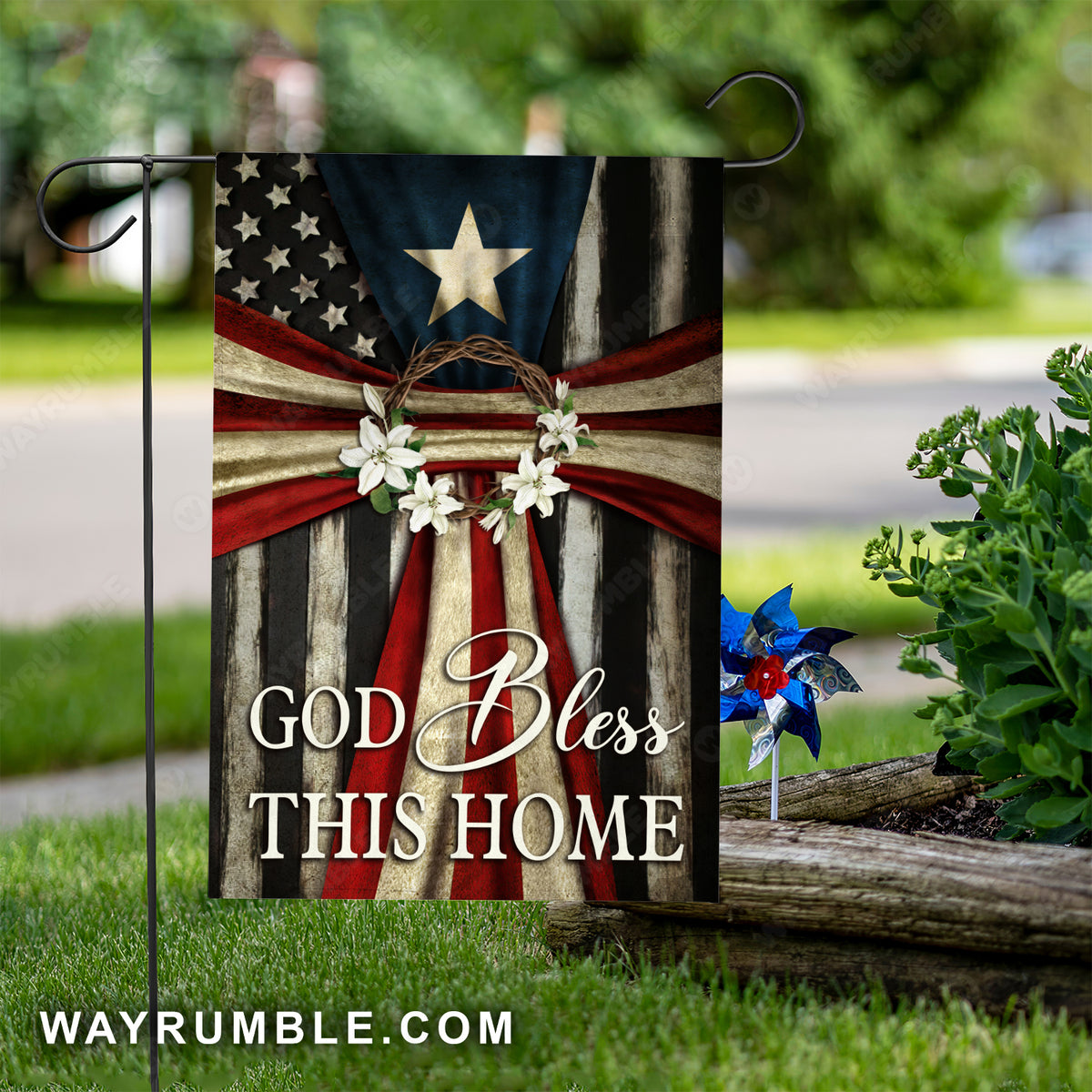 US flag, Flower crown, God bless this home - Jesus Flag