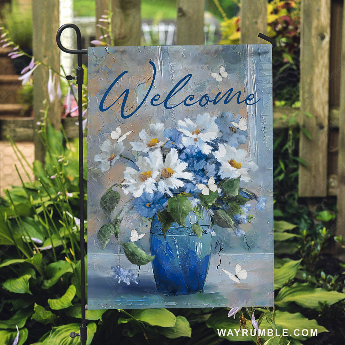 Watercolor daisy, Flower vase, White butterfly, Welcome - Jesus Flag