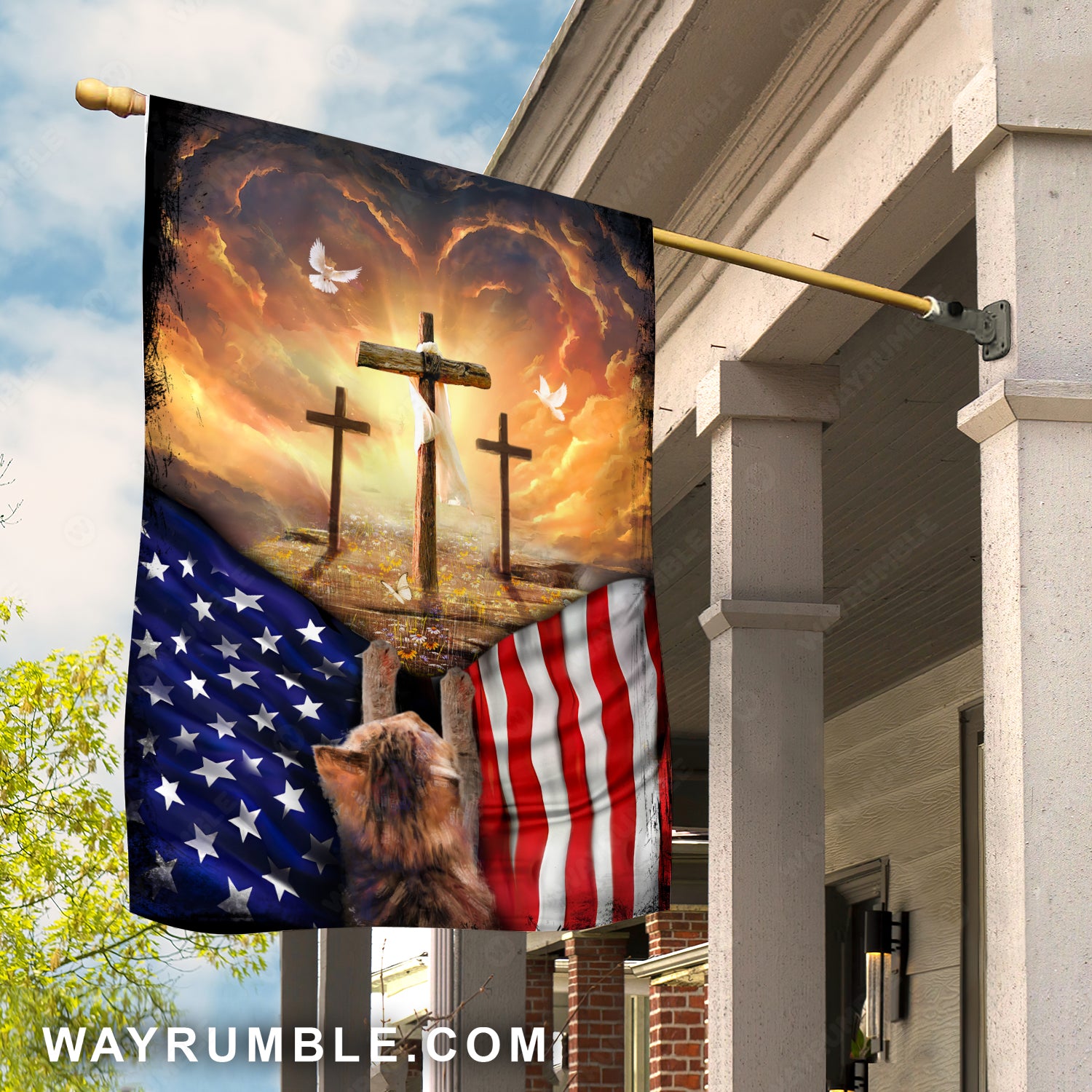 Cross symbol, Orange sunset, Little cat, US flag - Jesus Flag