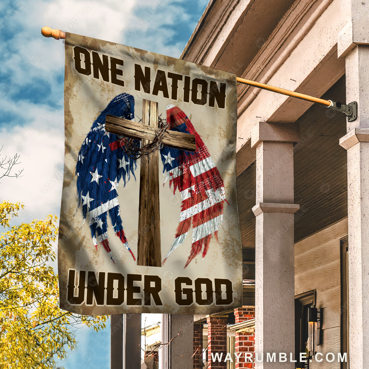 Colorful angel wings, Wooden cross, Crown of thorn, US flag, One nation under God - Jesus Flag