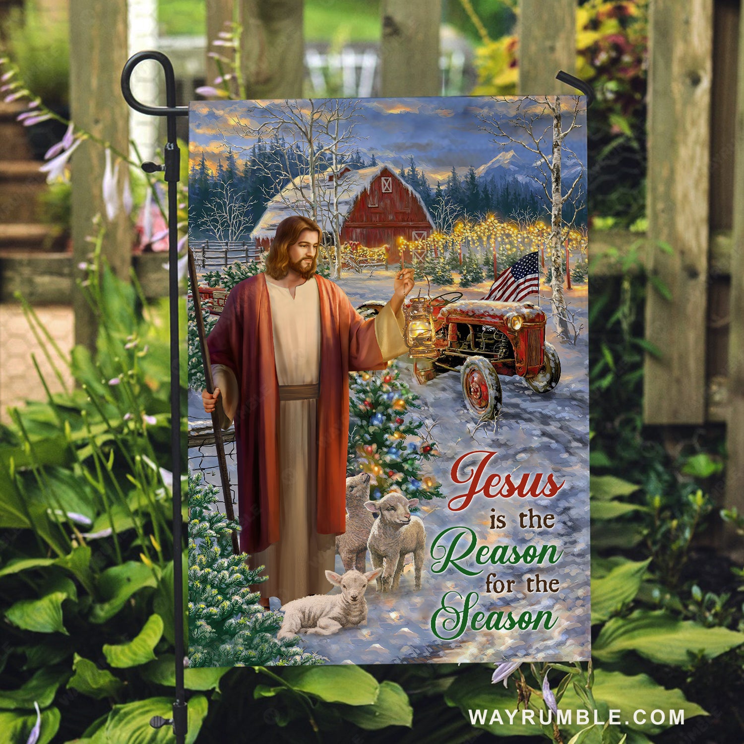 Pretty garden, Christmas is coming, Lamb of God, Jesus is the reason for the season - Jesus Flag