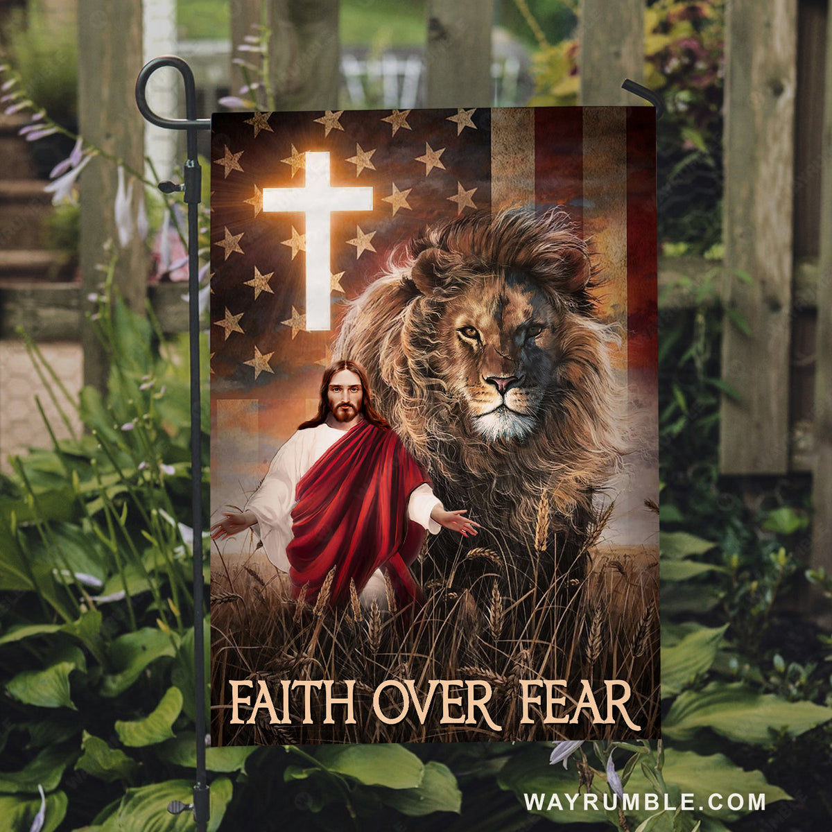 Stunning lion, The real face of Jesus, Light cross, Faith over fear - Jesus Flag