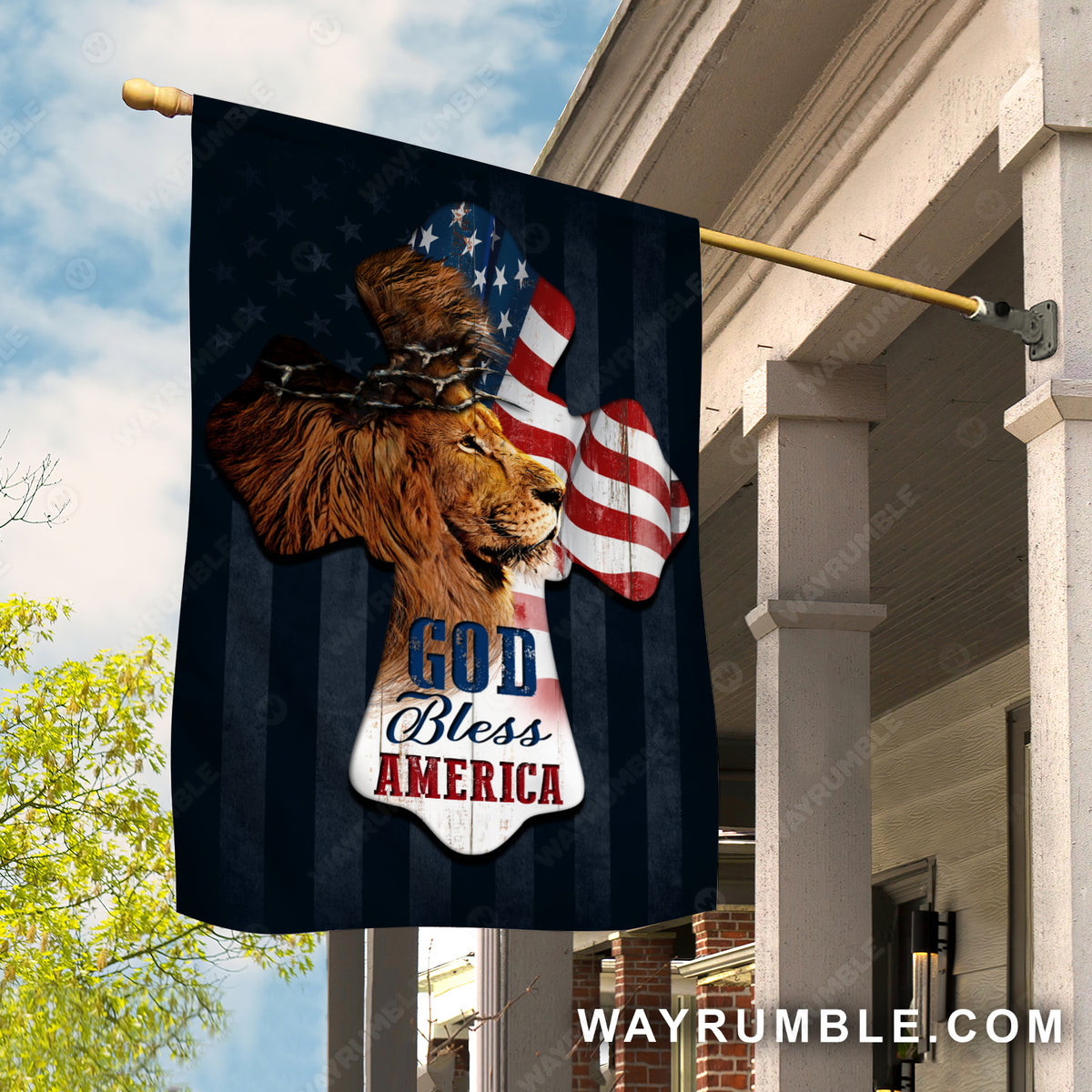 Brown lion, Crown of thorn, Colorful US flag, God bless America - Jesus Flag
