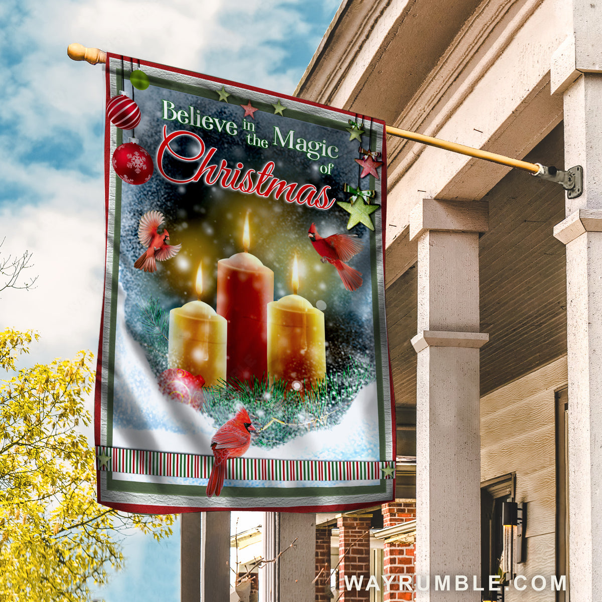 Pretty candle, Beautiful cardinal, Believe in the magic of Christmas - Jesus Flag