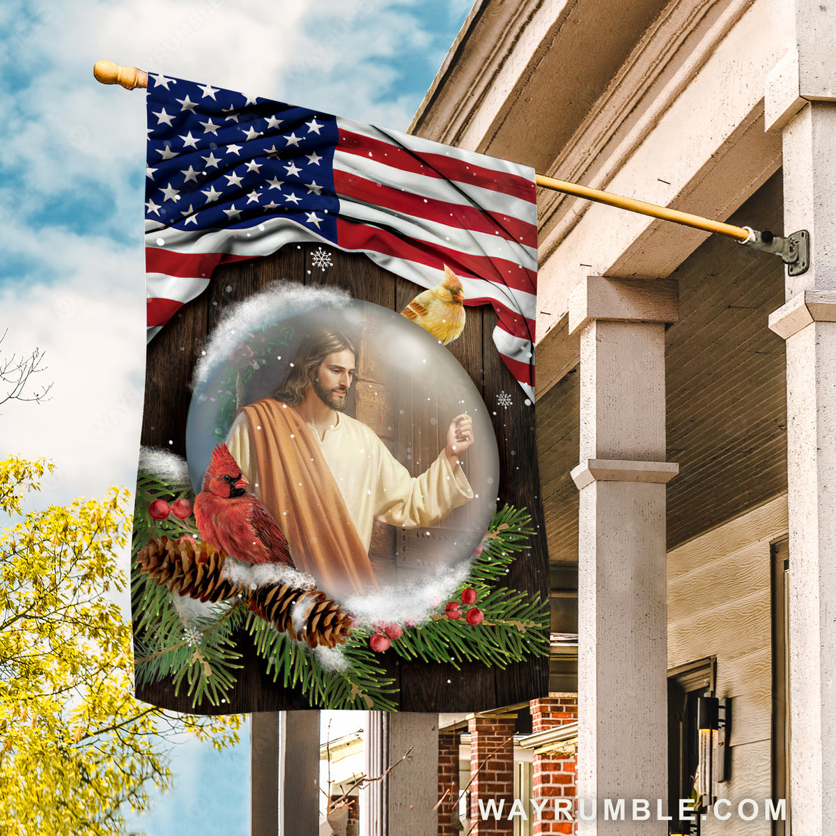Christmas flag, Amazing Jesus, Colorful cardinal, US flag background - Jesus Flag