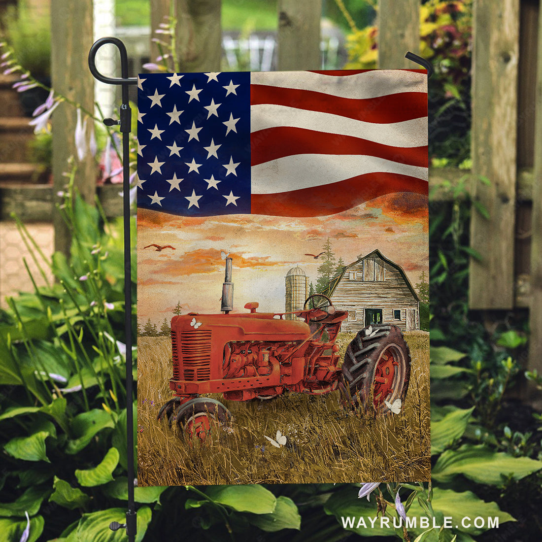 Amazing tractor, Rice field, Beautiful US flag, Orange sunset - Jesus Flag