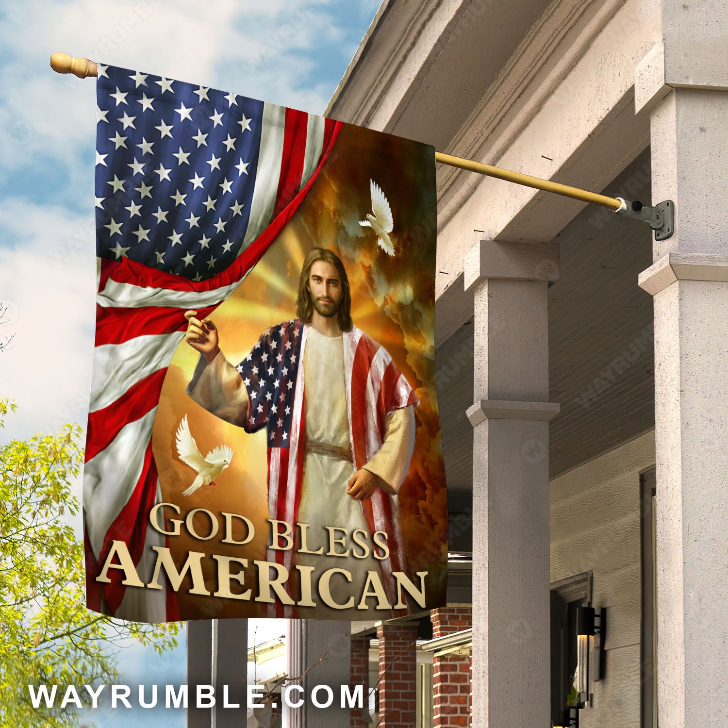 Jesus Christ, White doves, USA flag, Heaven light, God bless American - Jesus Flag