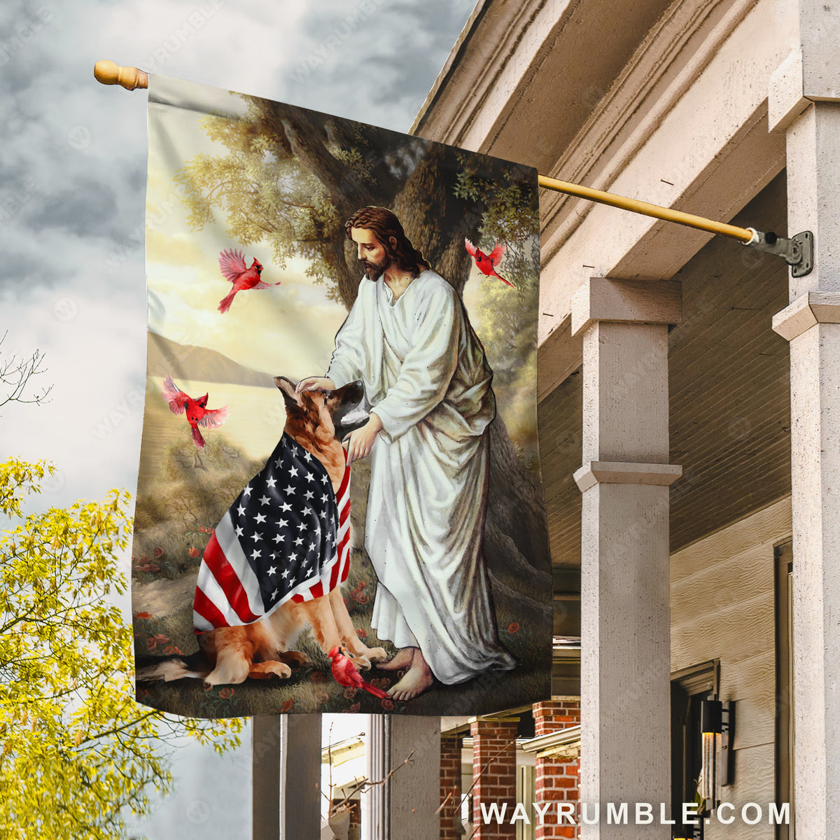 Jesus painting, German shepherd, USA flag, Red cardinals - Jesus Flag