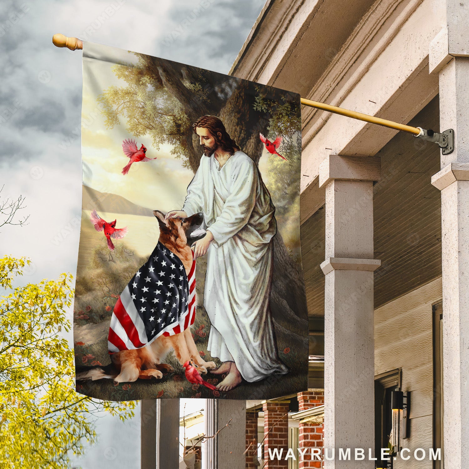Jesus painting, German shepherd, USA flag, Red cardinals - Jesus Flag