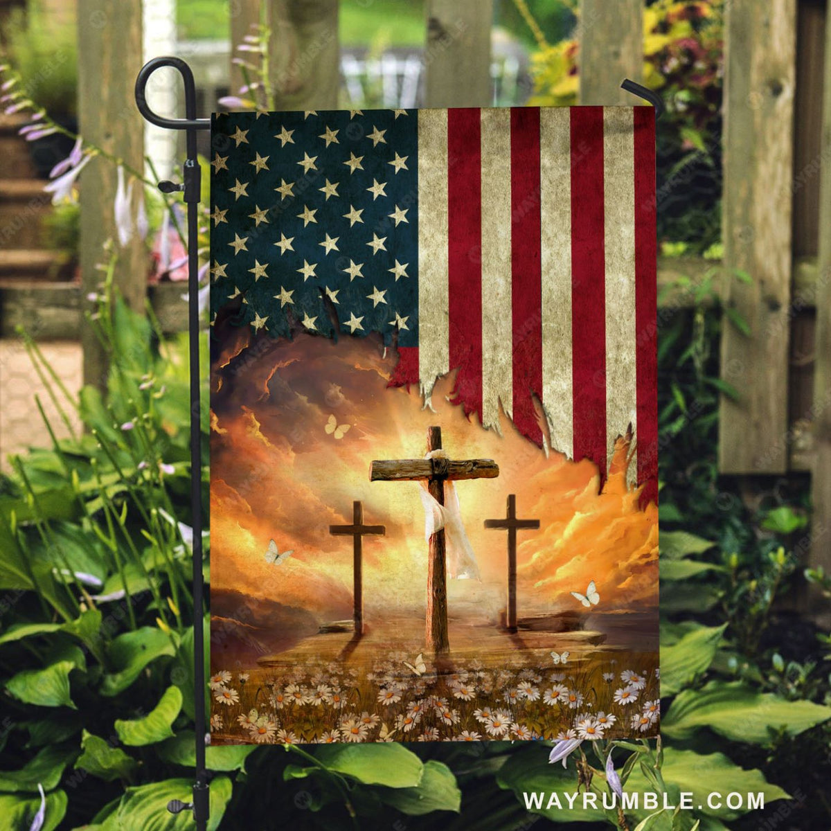 Three wooden crosses, Heaven light, Daisy flowers, USA flag - Jesus Flag
