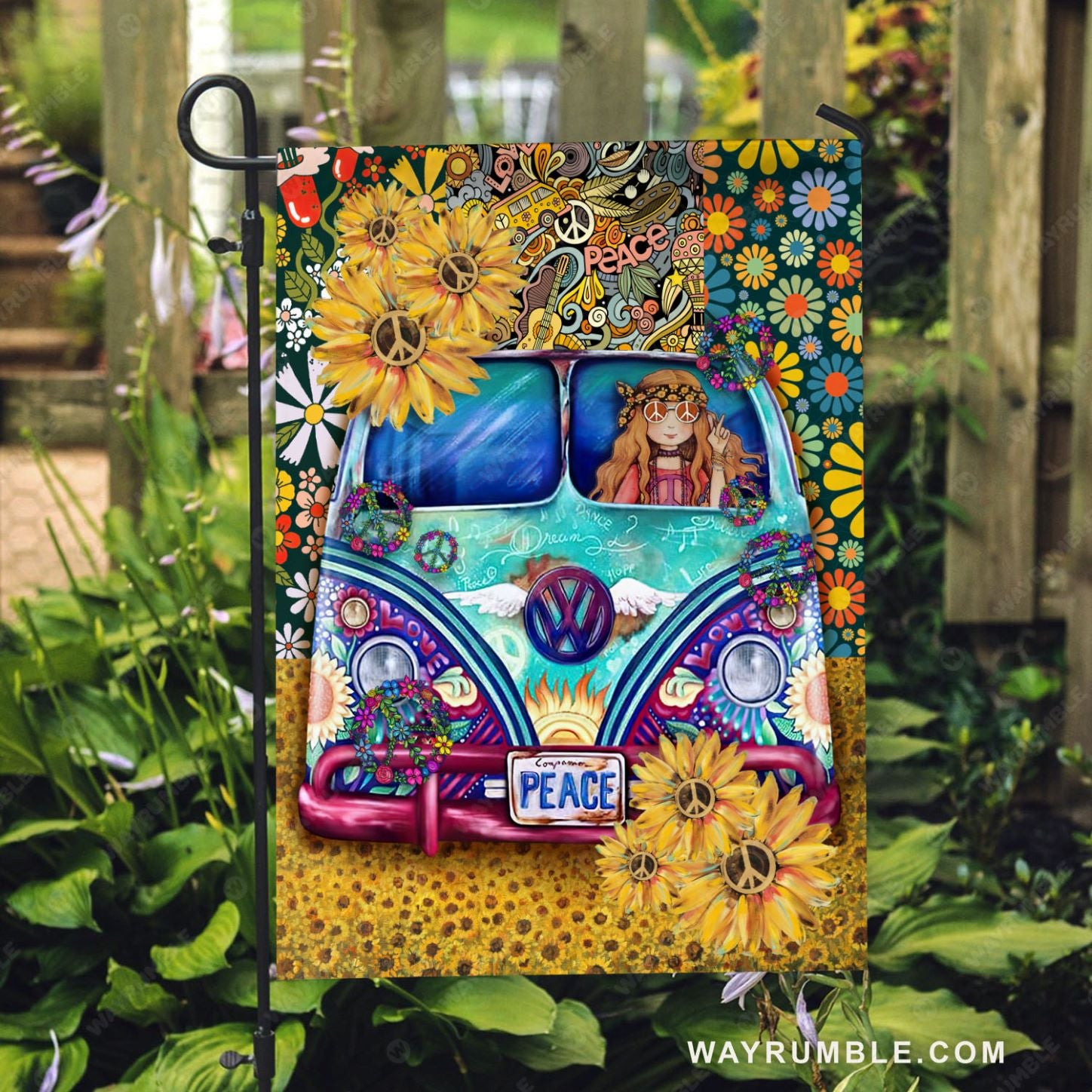 Hippie girl, Hippie van, Sunflower painting, Doodle art, Day of peace - Jesus Flag