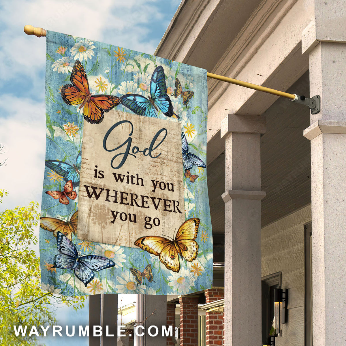 Beautiful butterfly, White daisy, God is with you wherever you go - Jesus Flag
