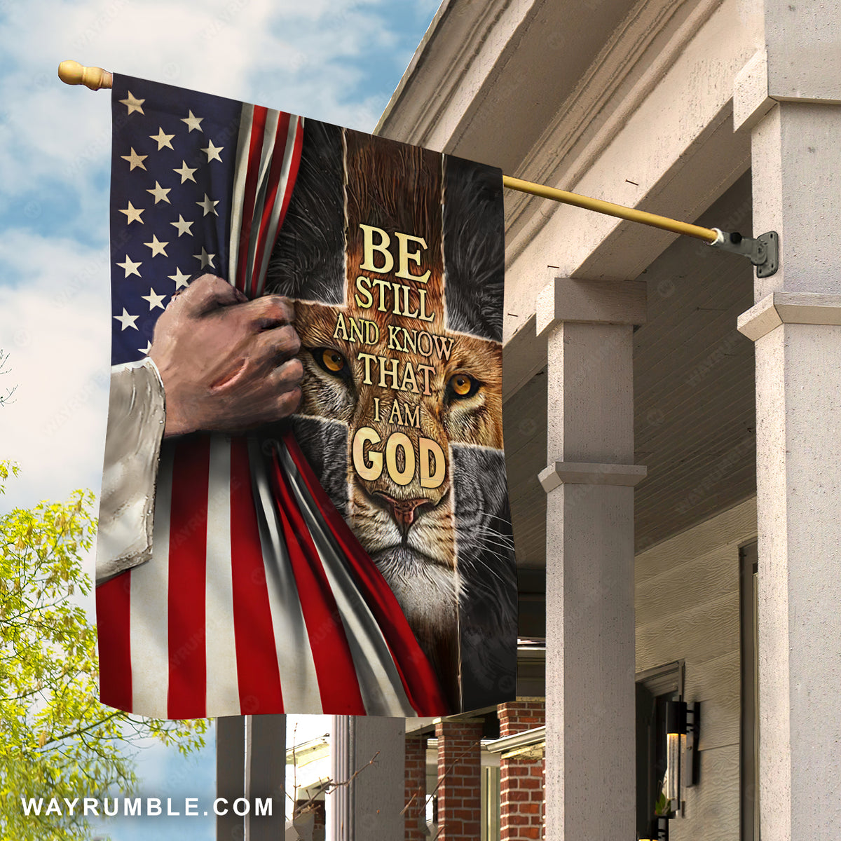 Lion of Judah, Jesus hand, USA flag, Be still I am God - Jesus Flag