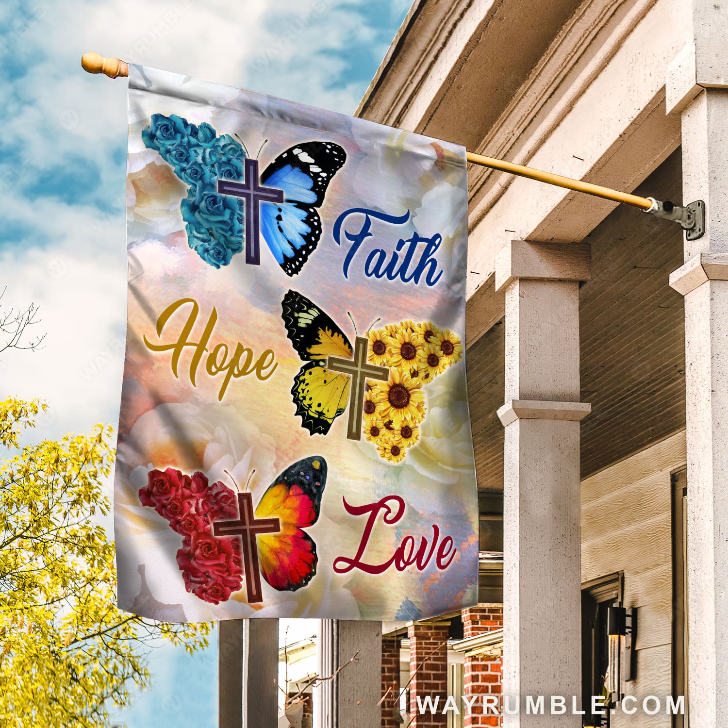 Colorful butterfly, Cross symbol, Rose background, Faith, Hope, Love - Jesus Flag