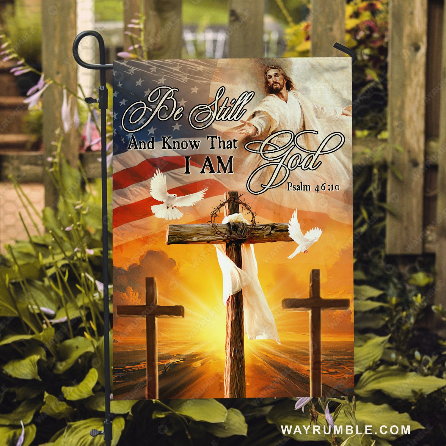 Wooden crosses, Flying doves, Jesus drawing, USA flag, Be still I am God - Jesus Flag