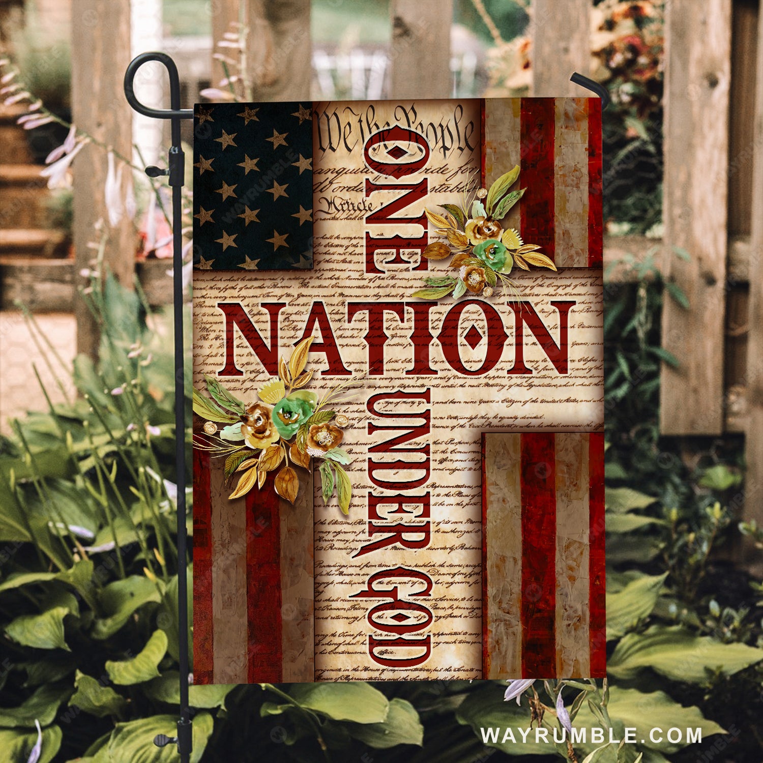 Flower cluster, Jesus cross, USA flag, One nation under God - Jesus Flag