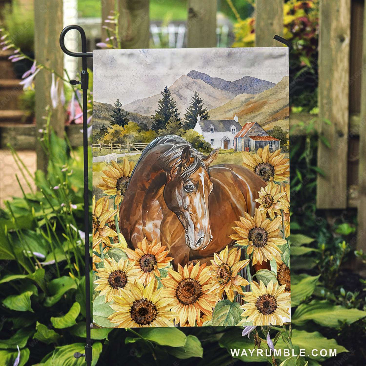 Sunflower field, Brown horse, Beautiful village, Blue mountain - Jesus Flag
