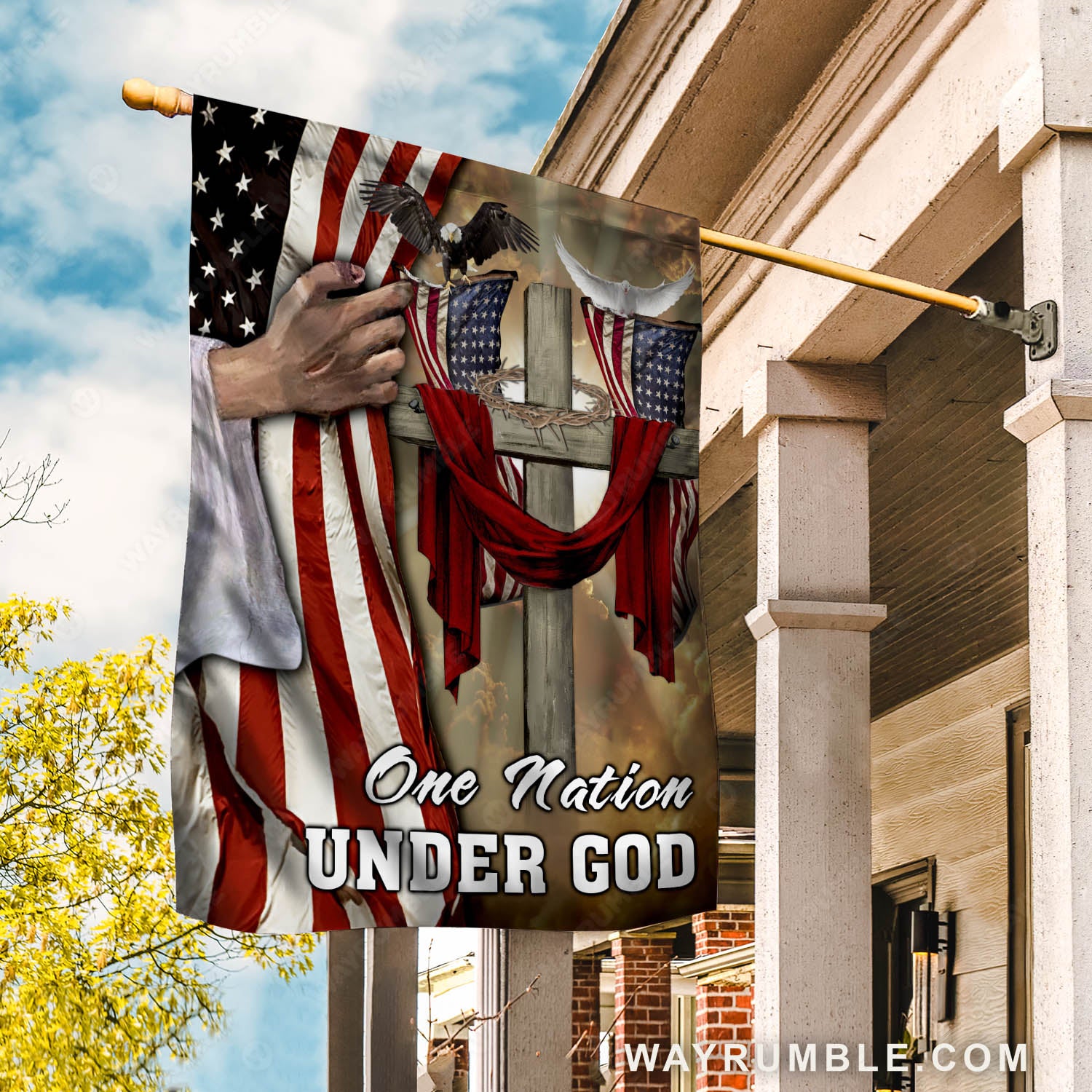 Cross symbol, Crown of thorns, Jesus hand, Black and white eagle, US Flag, One nation under God - Jesus Flag