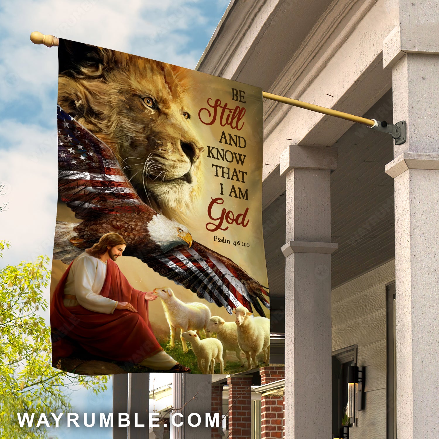 Jesus shepherd, Lion king, Lambs of God, US eagle, Be still I am God - Jesus Flag
