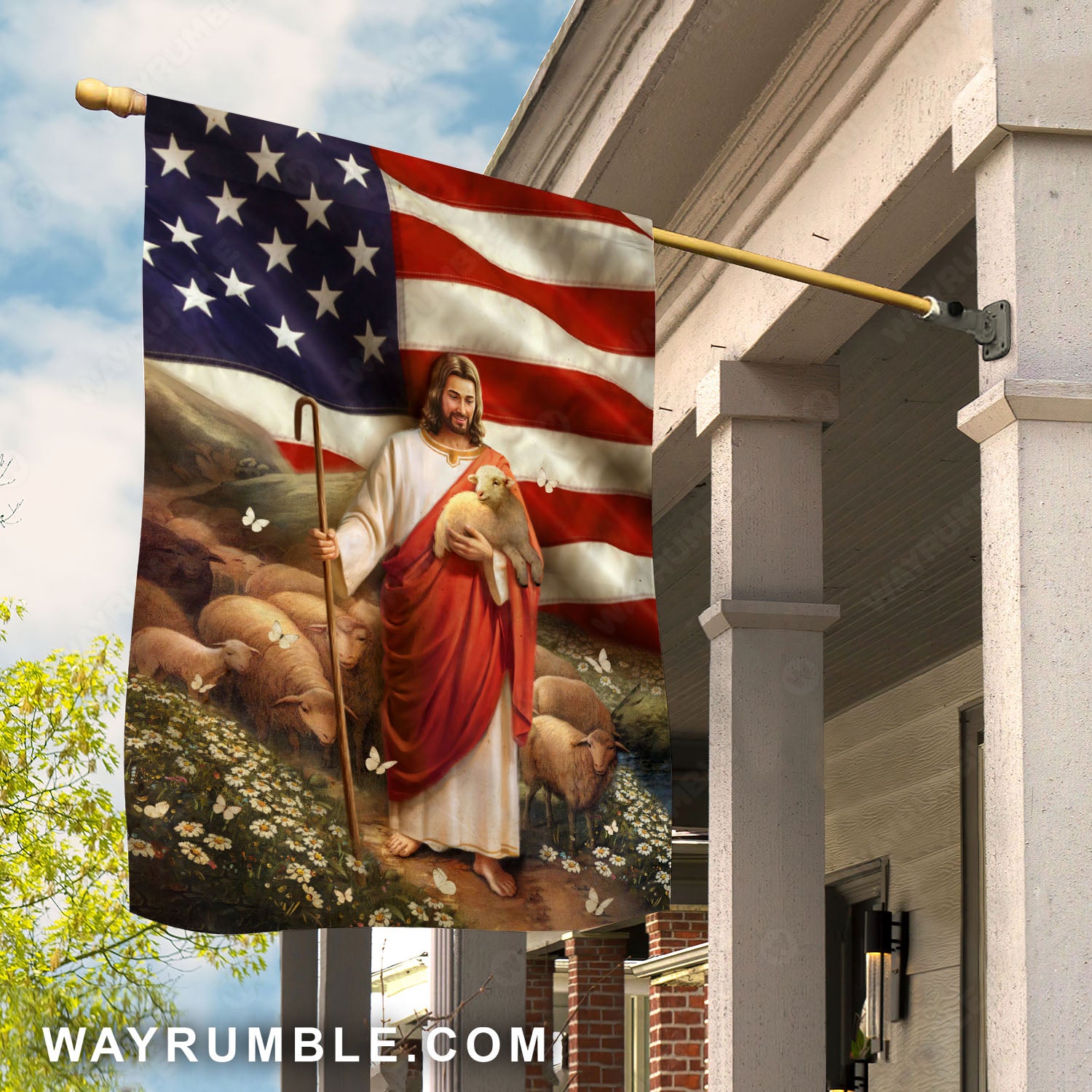 Jesus the good shepherd, Lambs of God, USA flag, Daisy field - Jesus Flag