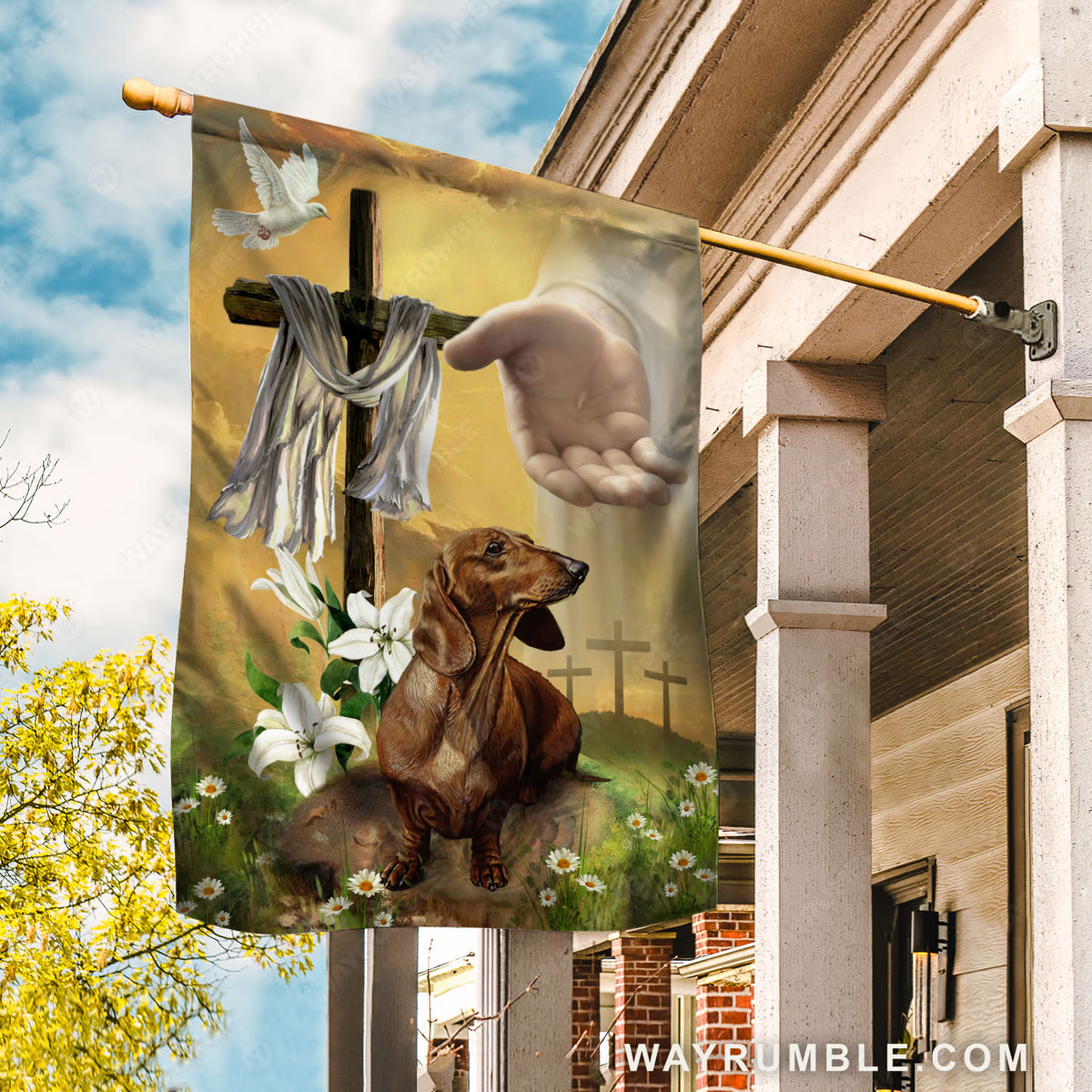 Dachshund dog, Jesus hand, Heaven sky, Easter cross, White lily - Jesus Flag