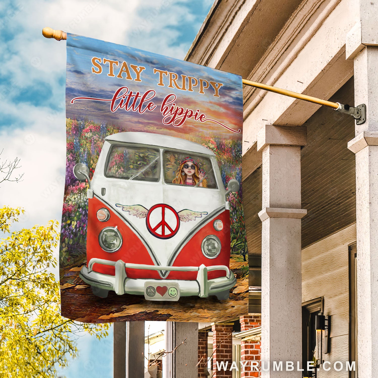 Hippie girl, Hippie van, Colorful flower, Peace sign, Stay trippy little hippie - Jesus Flag