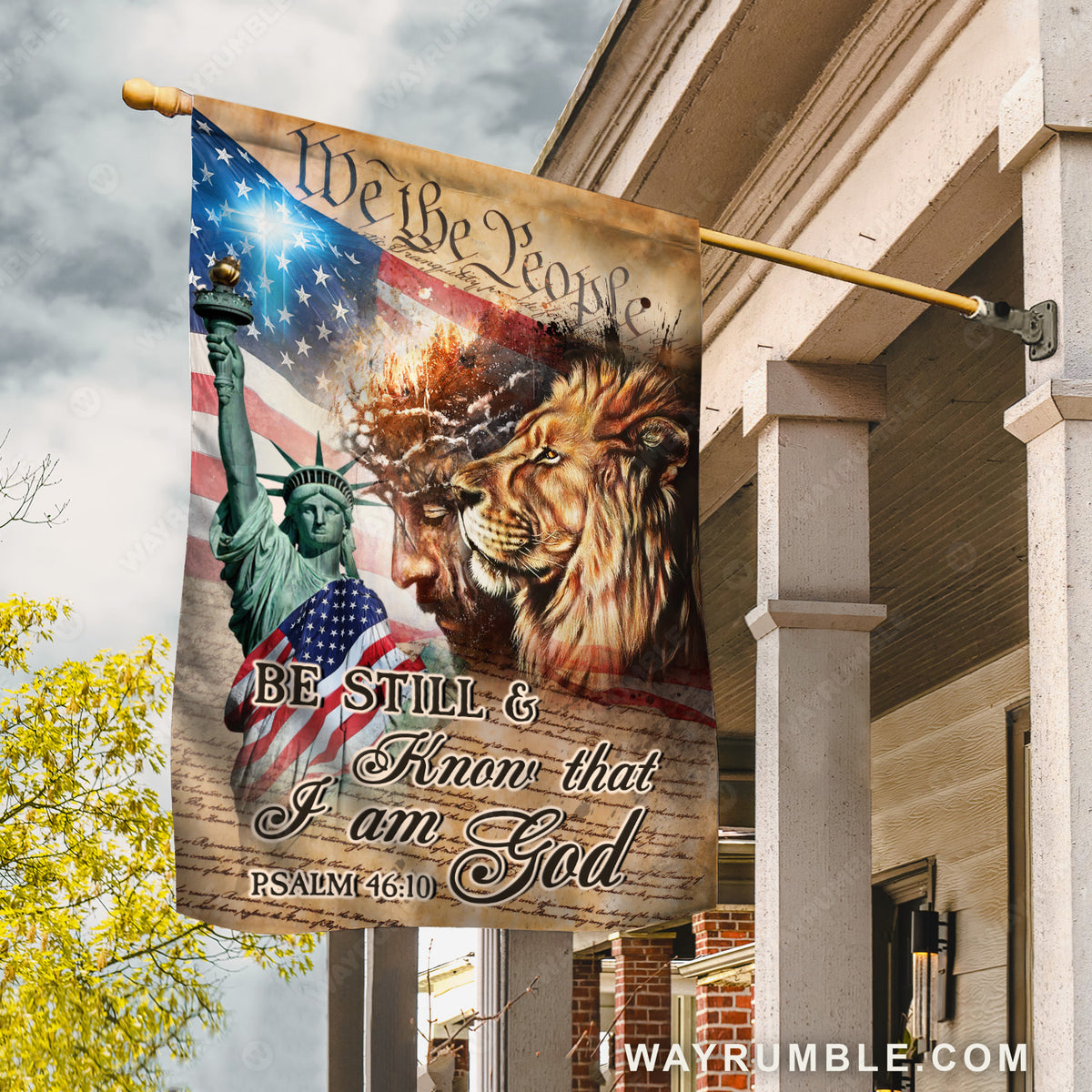 Statue of liberty, Lion of Judah, Jesus drawing, USA flag, Be still I am God - Jesus Flag