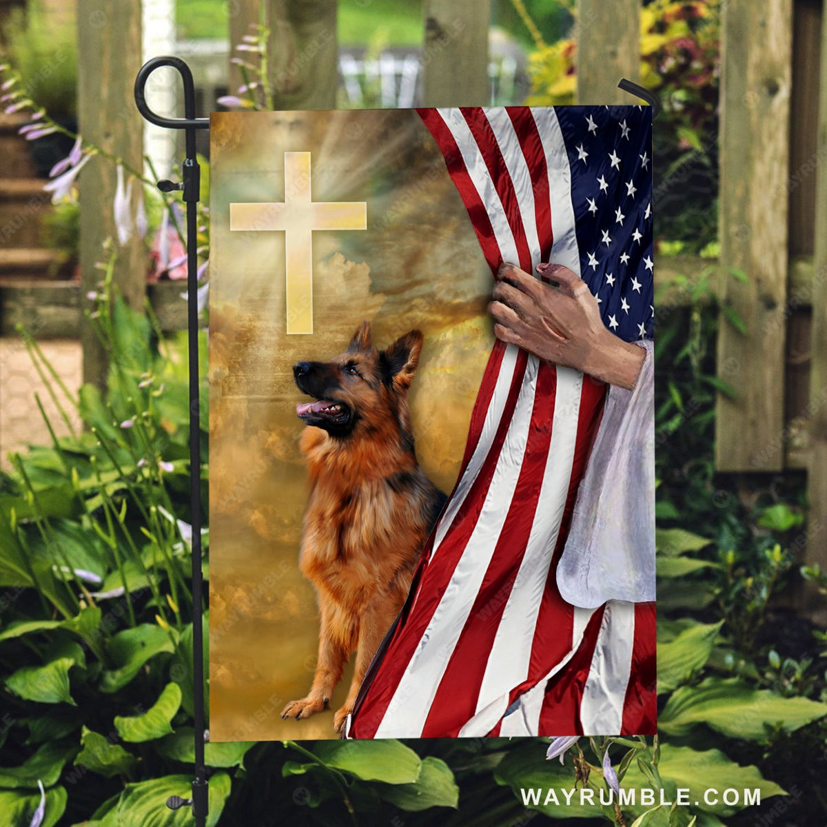 German Shepherd, US flag, Cross symbol, Light from heaven - Jesus Flag