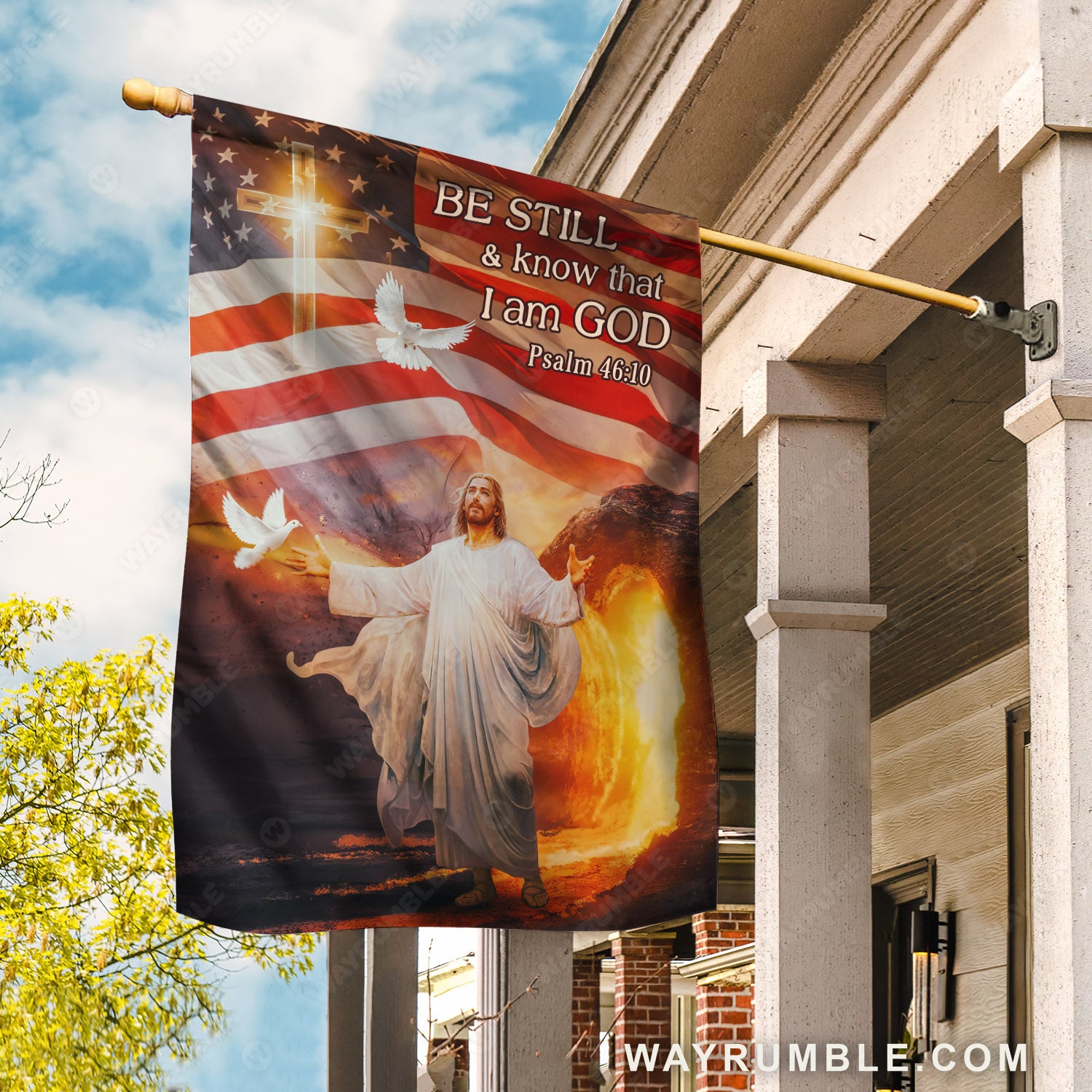 US flag, Jesus Christ, White dove, Cross symbol, Be still and know that I am God - Jesus Flag