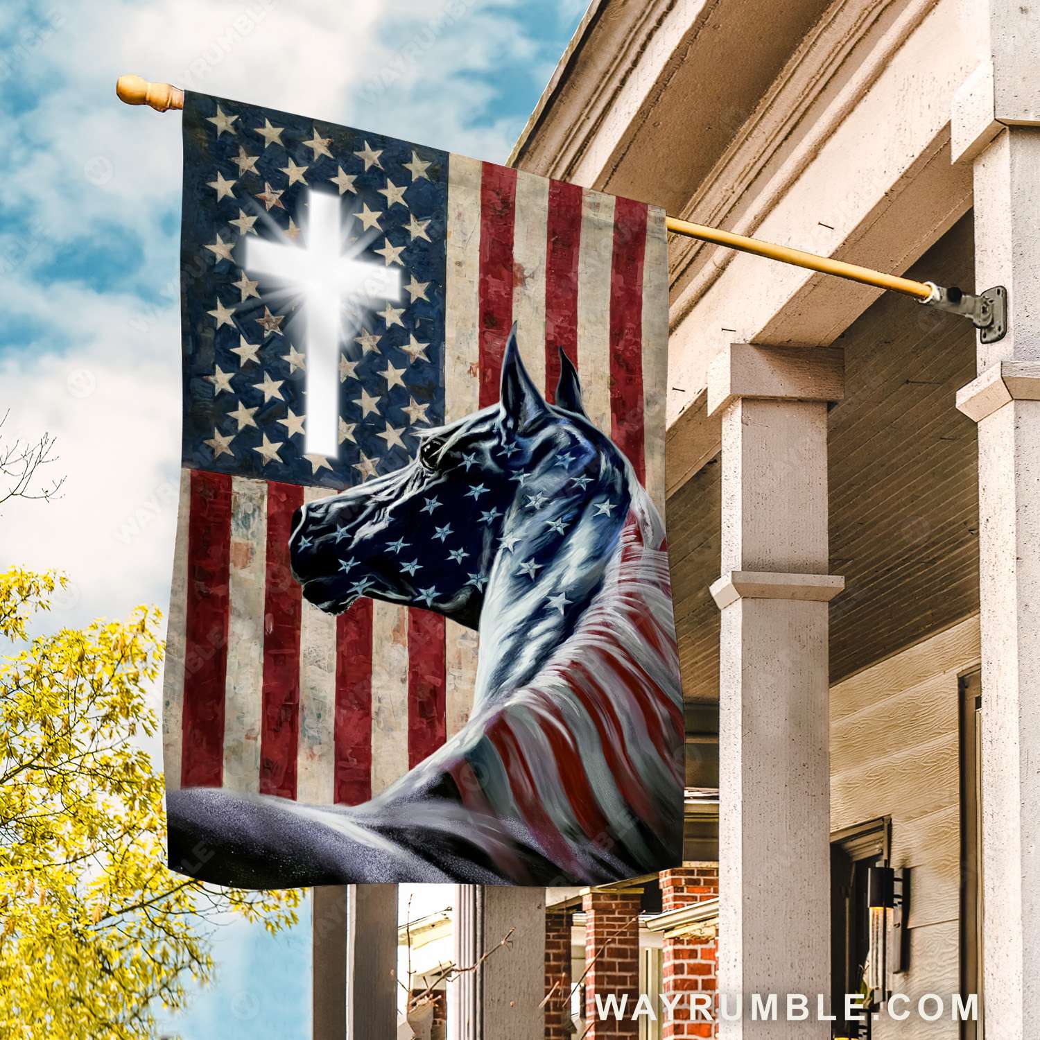 US Flag, Black horse, Cross symbol, Light cross - Jesus Flag
