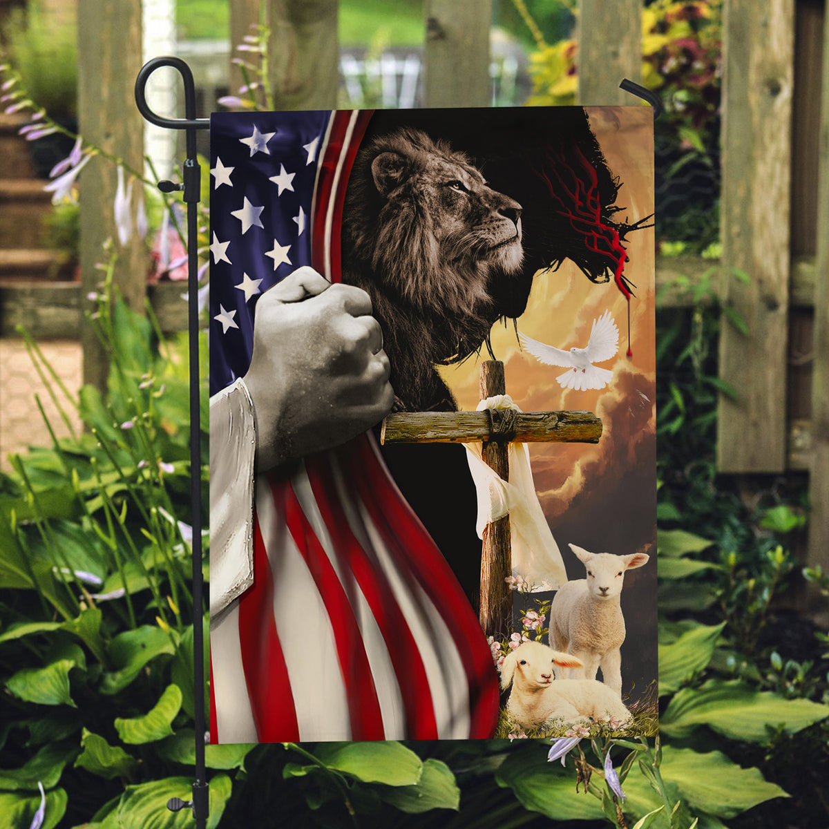 Lion of Judah, Lambs of God, Eastern cross, USA flag - Jesus Flag