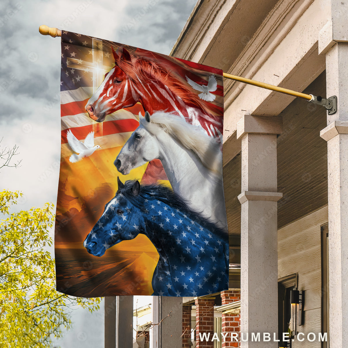 Dream horses, USA flag, Light cross, White dove - Jesus Flag
