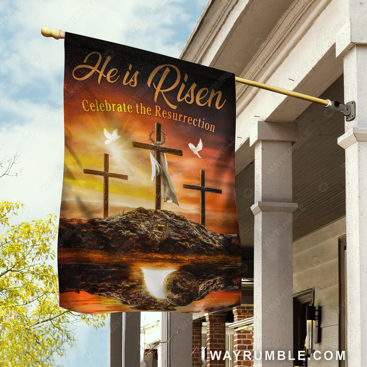 Cross symbol, Crown of thorns, White dove, He is risen - Jesus Flag
