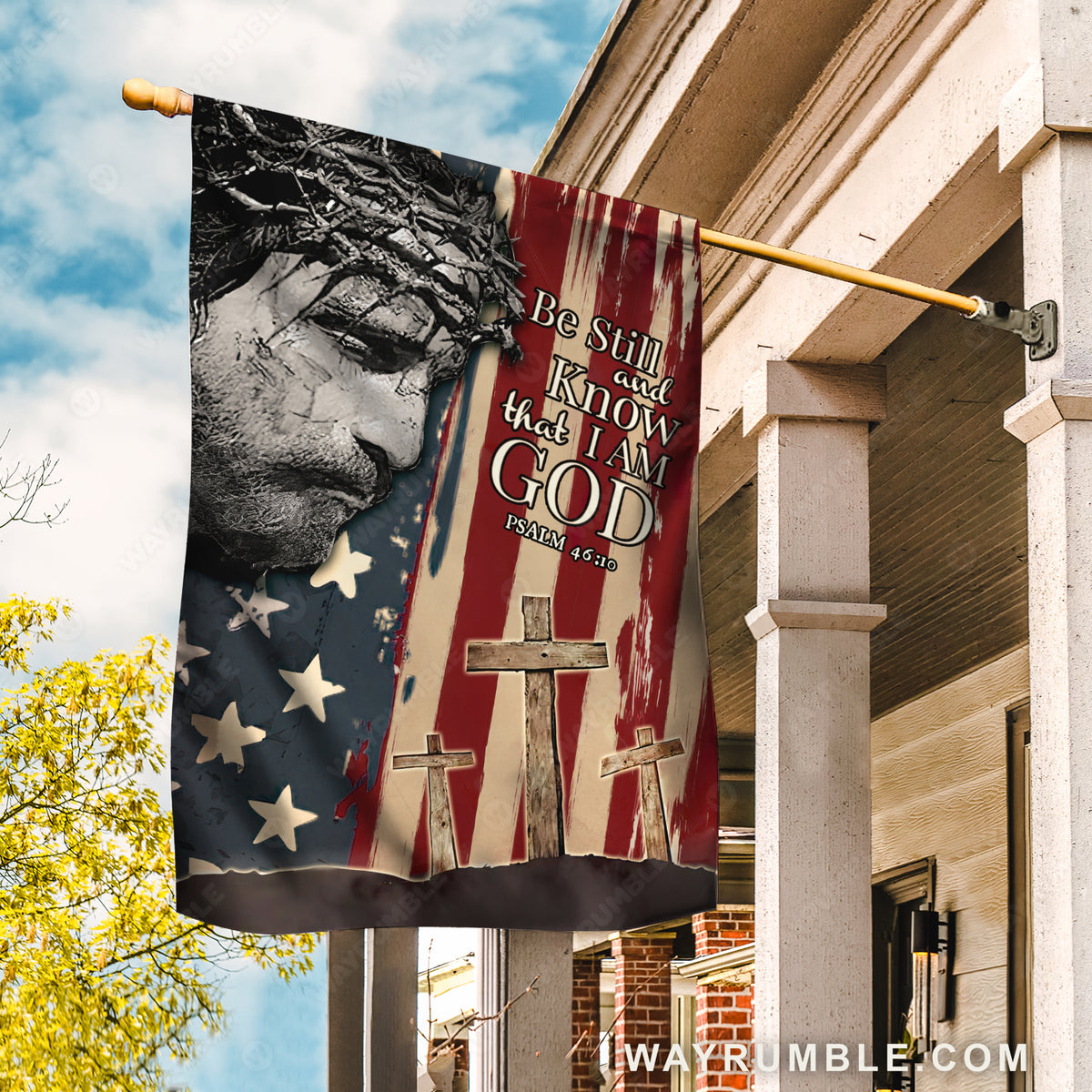 The face of Jesus, US flag, Cross symbol, Be still and know that I am God - Jesus Flag