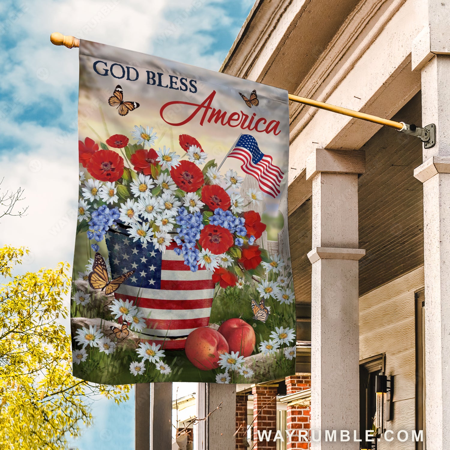 USA flag, Red poppies drawing, Daisy flower, God bless America- Jesus Flag