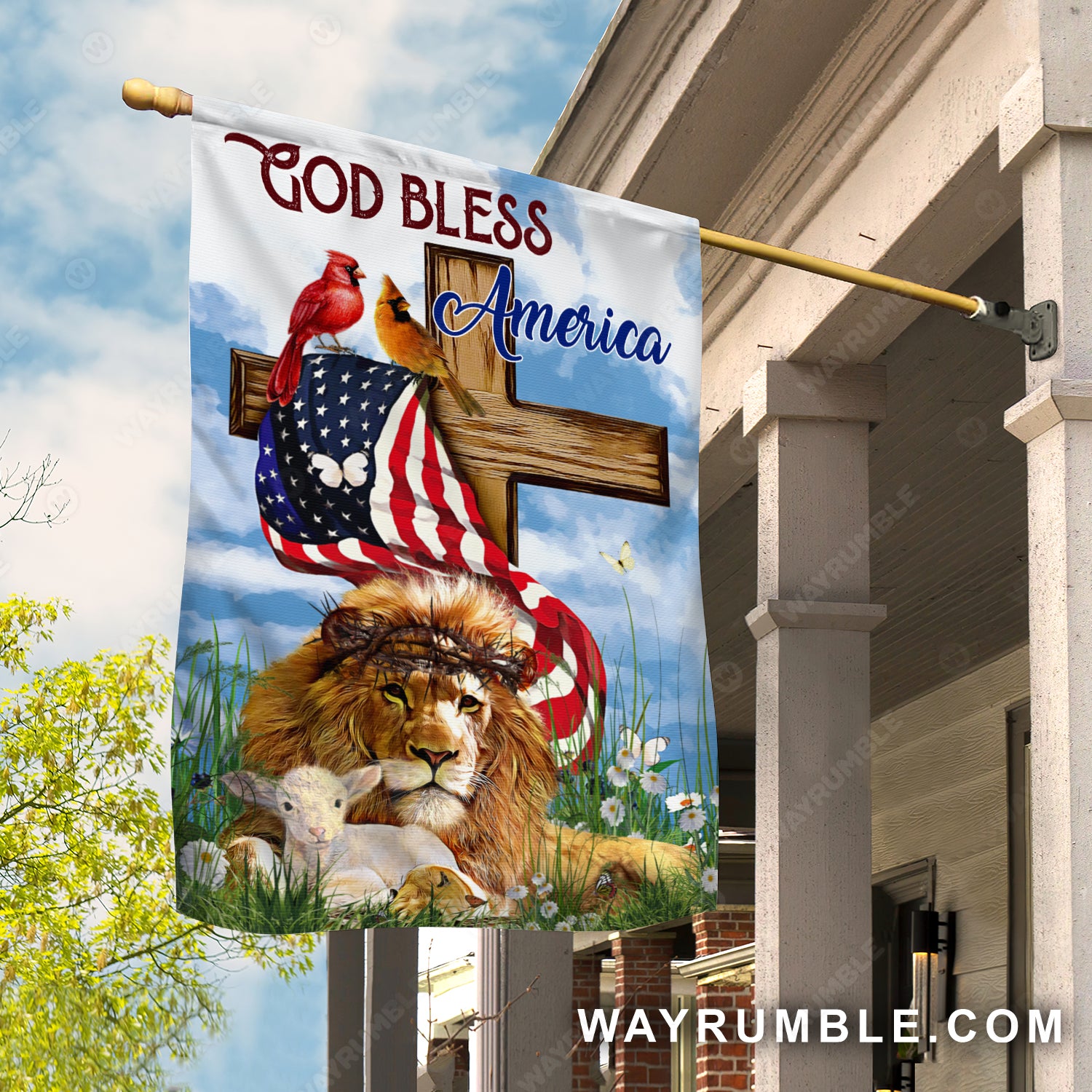 Amazing lion, Big cross, Cardinal drawing, US flag, God bless America - Jesus Flag