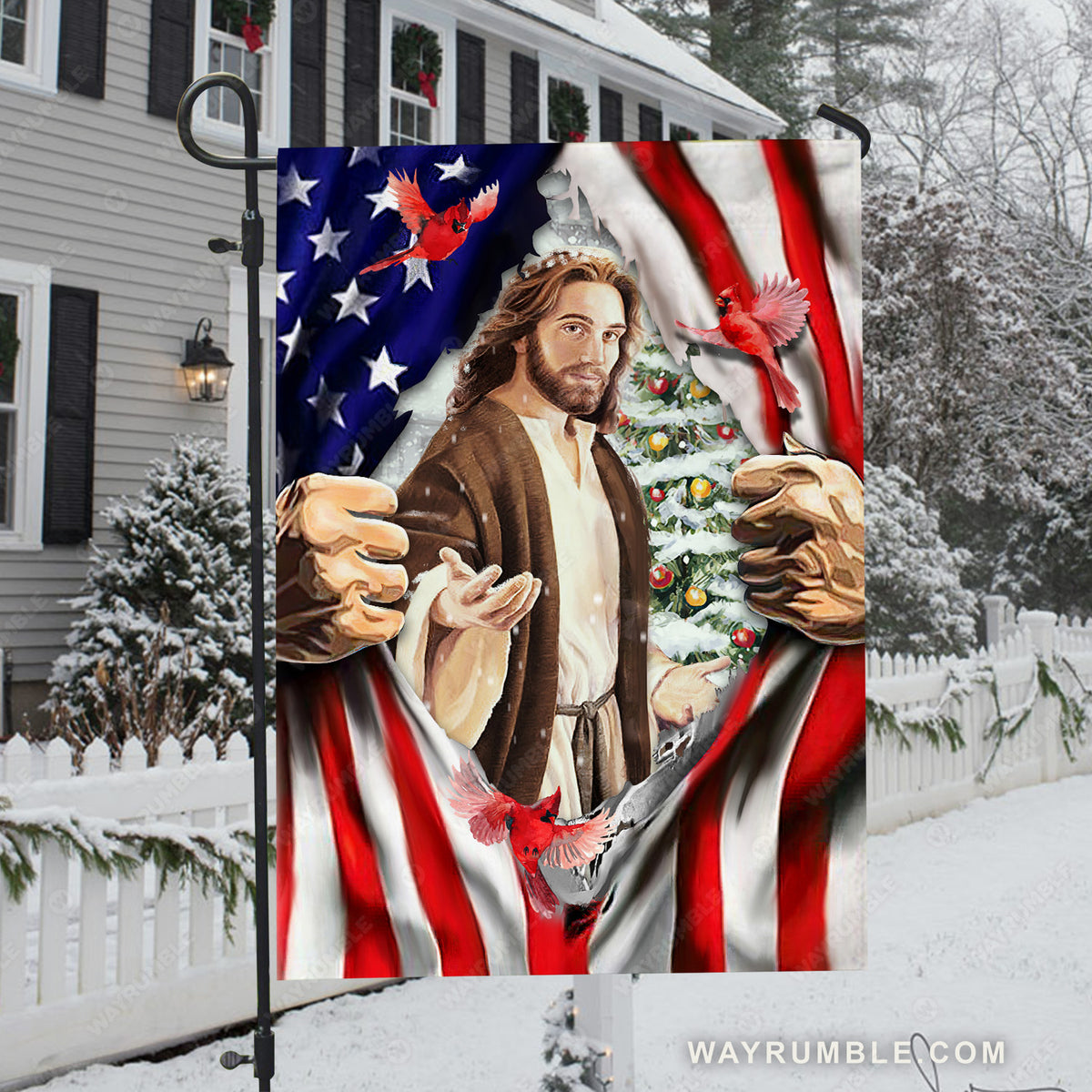 Walking with Jesus, Beautiful cardinal, Us flag artwork, Christmas tree - Jesus Flag