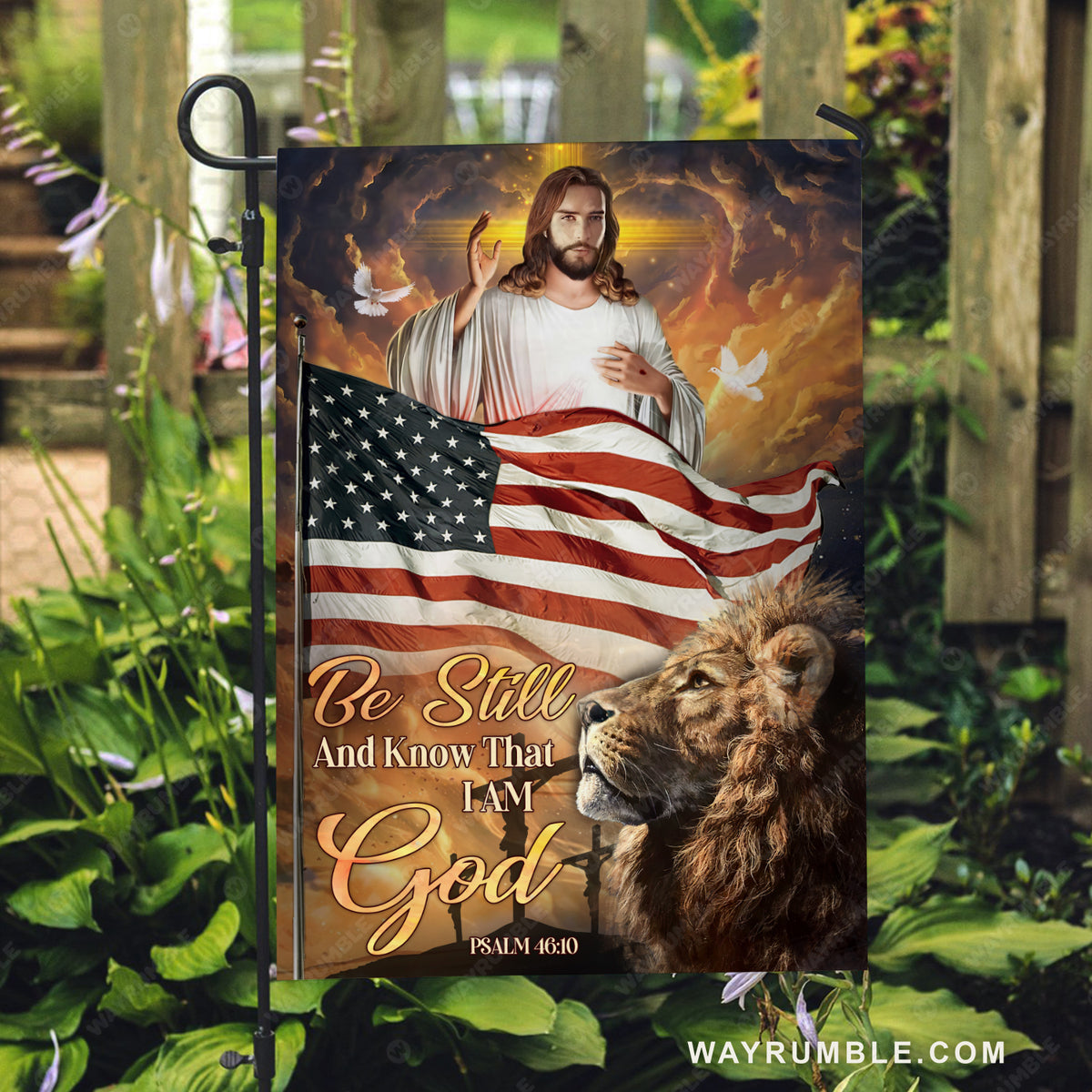 Jesus artwork, Lion King, King of Kings, US flag, Be still and know that I am God - Jesus Flag