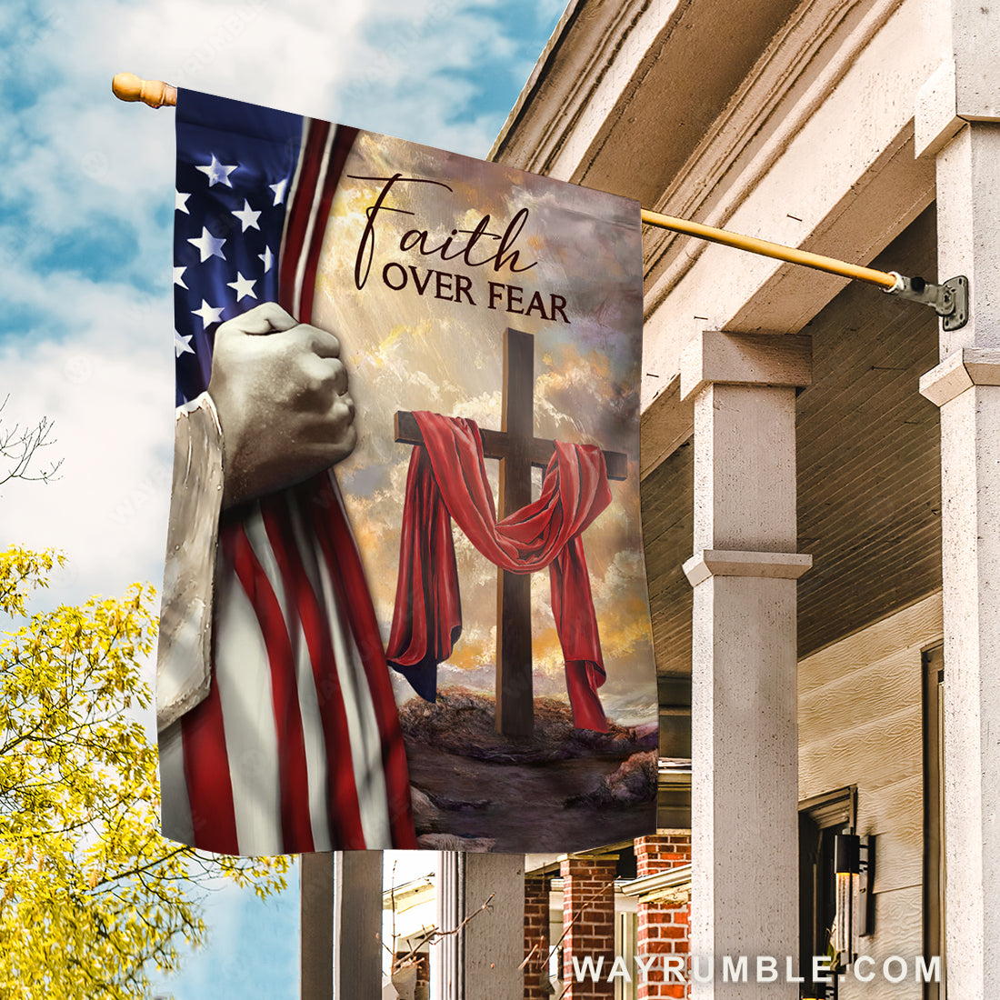 Unique cross, Red silk, Old US flag, Jesus&#39;s hand, Faith over fear - Jesus Flag