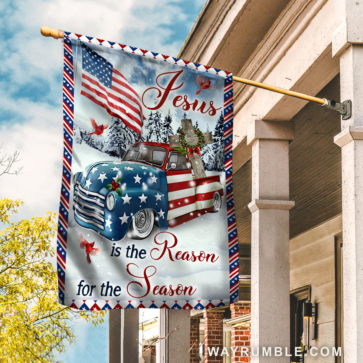 US ladybug car, Winter forest, Wooden cross, Red cardinal, Jesus is the reason for the season - Jesus Flag