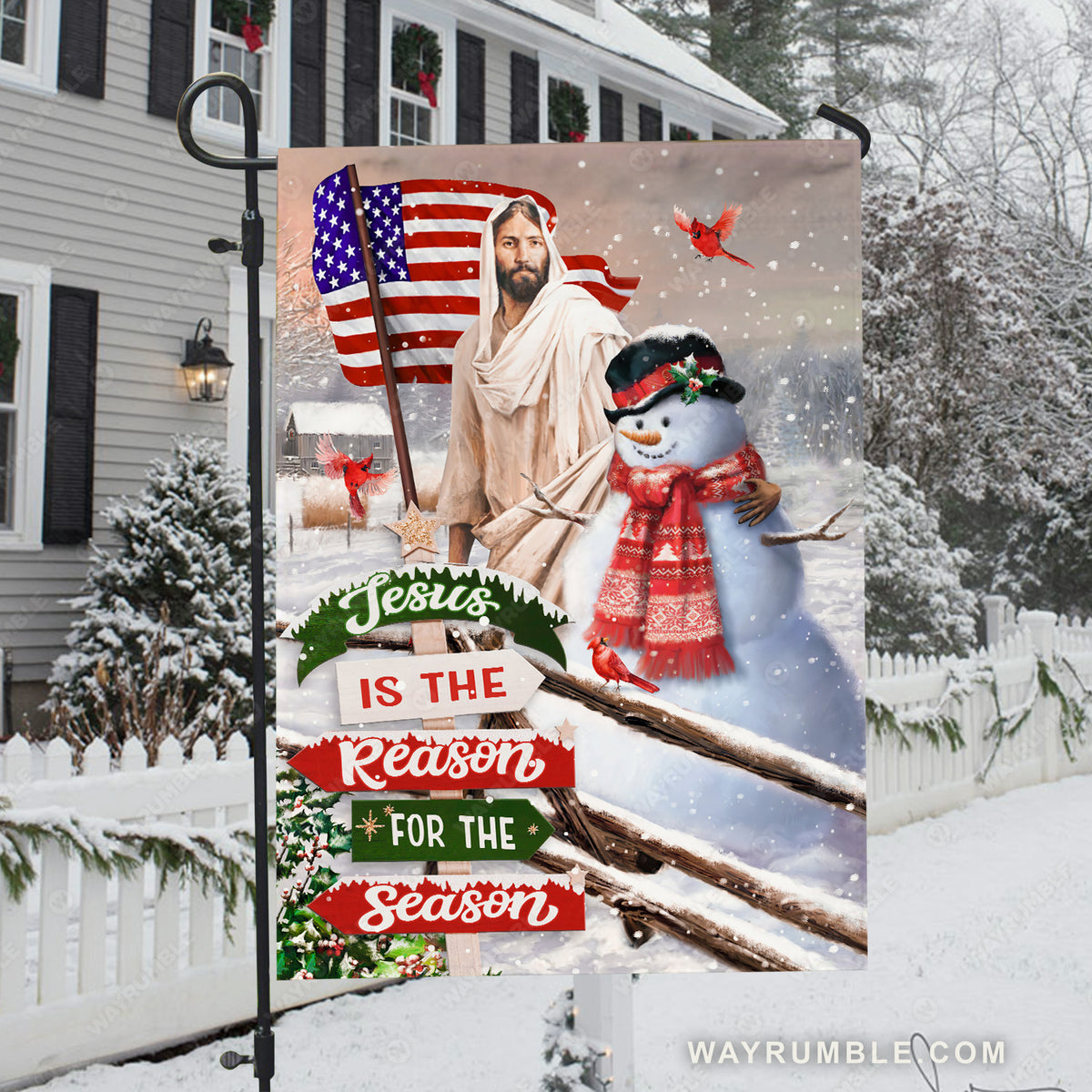 Beautiful snowman, Jesus painting, Stunning US flag, Jesus is the reason for the season - Jesus Flag