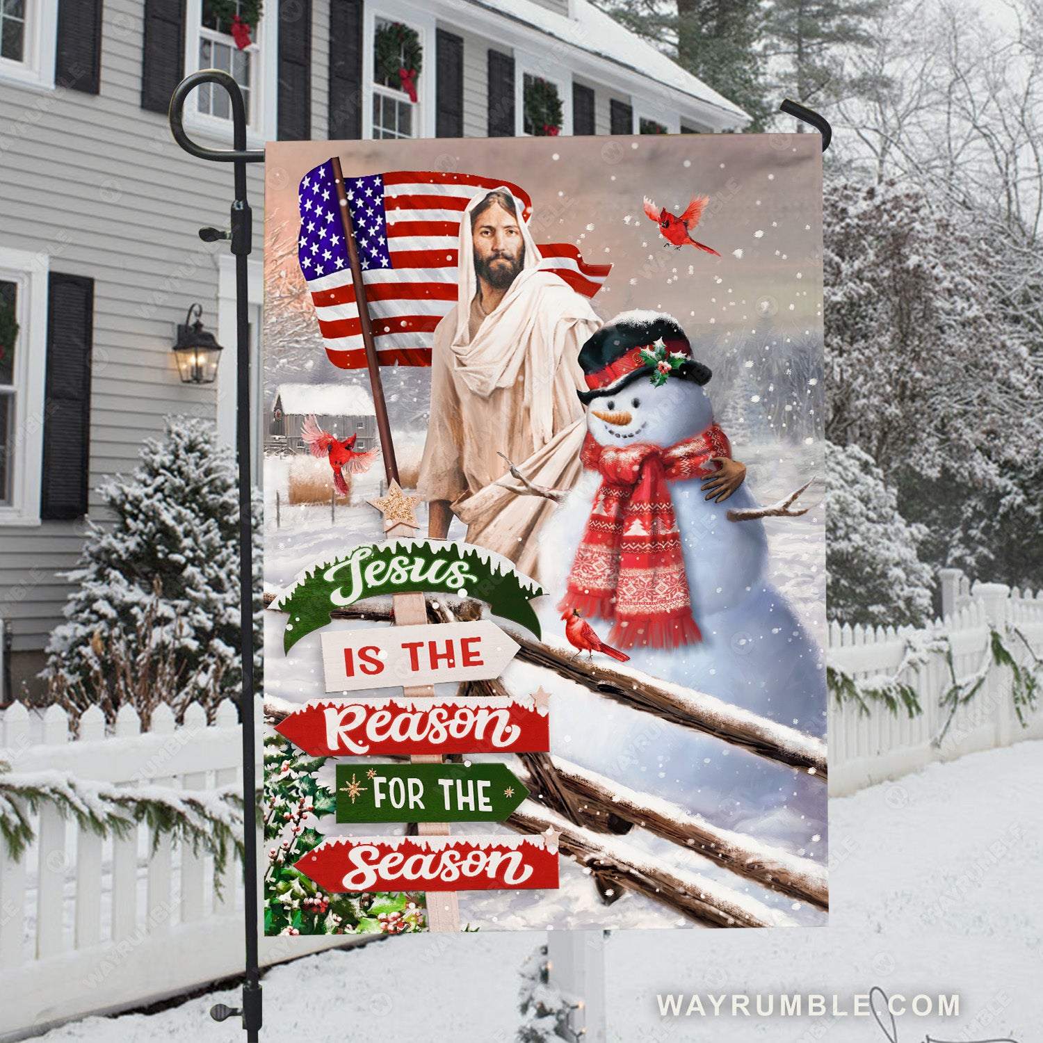 Beautiful snowman, Jesus painting, Stunning US flag, Jesus is the reason for the season - Jesus Flag